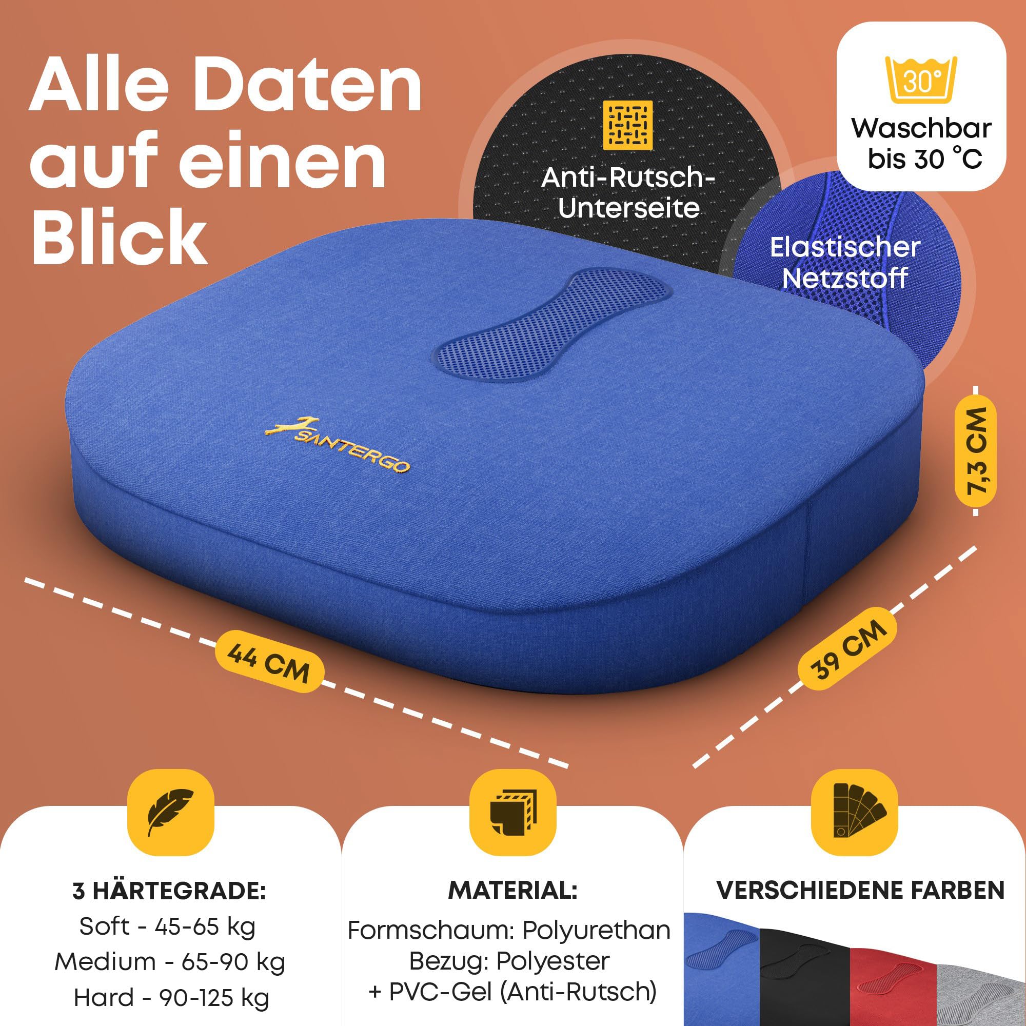 SANTERGO Orthopedisch zitkussen [GEPATENTEERD & VORMSTABIEL] - Zitkussen voor bureaustoel en auto - zitkussen stoel, stoelkussen bureaustoel, stuitbeen kussen (zwart, medium 65-90 kg