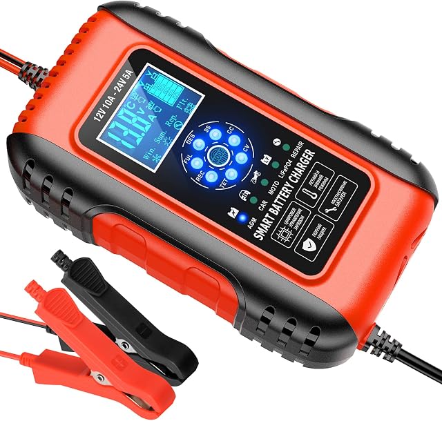 10A Car Battery Charger, 10A 12V/8A 24V Car Battery Charger, Leisure Battery Charger,Automotive Smart Portable Battery Charger Maintainer/Pulse Repair Charger Pack for Car, Motorcycle, Lawn Mower