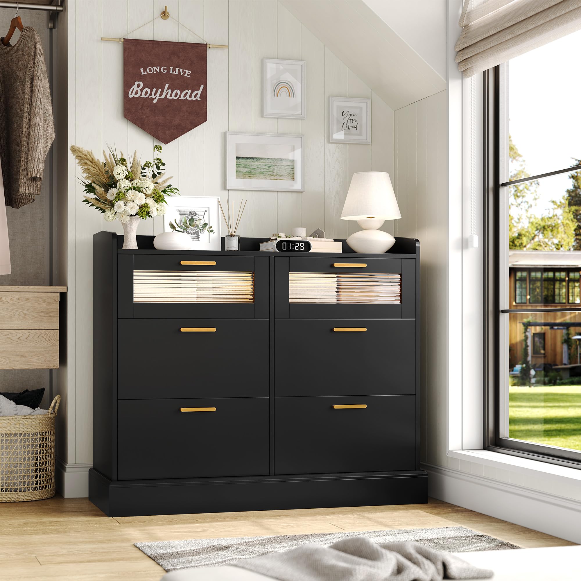 Amazon.com: HOSTACK Modern 6 Drawer Dresser for Bedroom, Double Wide Chest  of Drawers with Storage, Tall Dresser with Gold Handle & Fluted Glass, Wood  Console Cabinet with Fence for Living Room, Entryway,