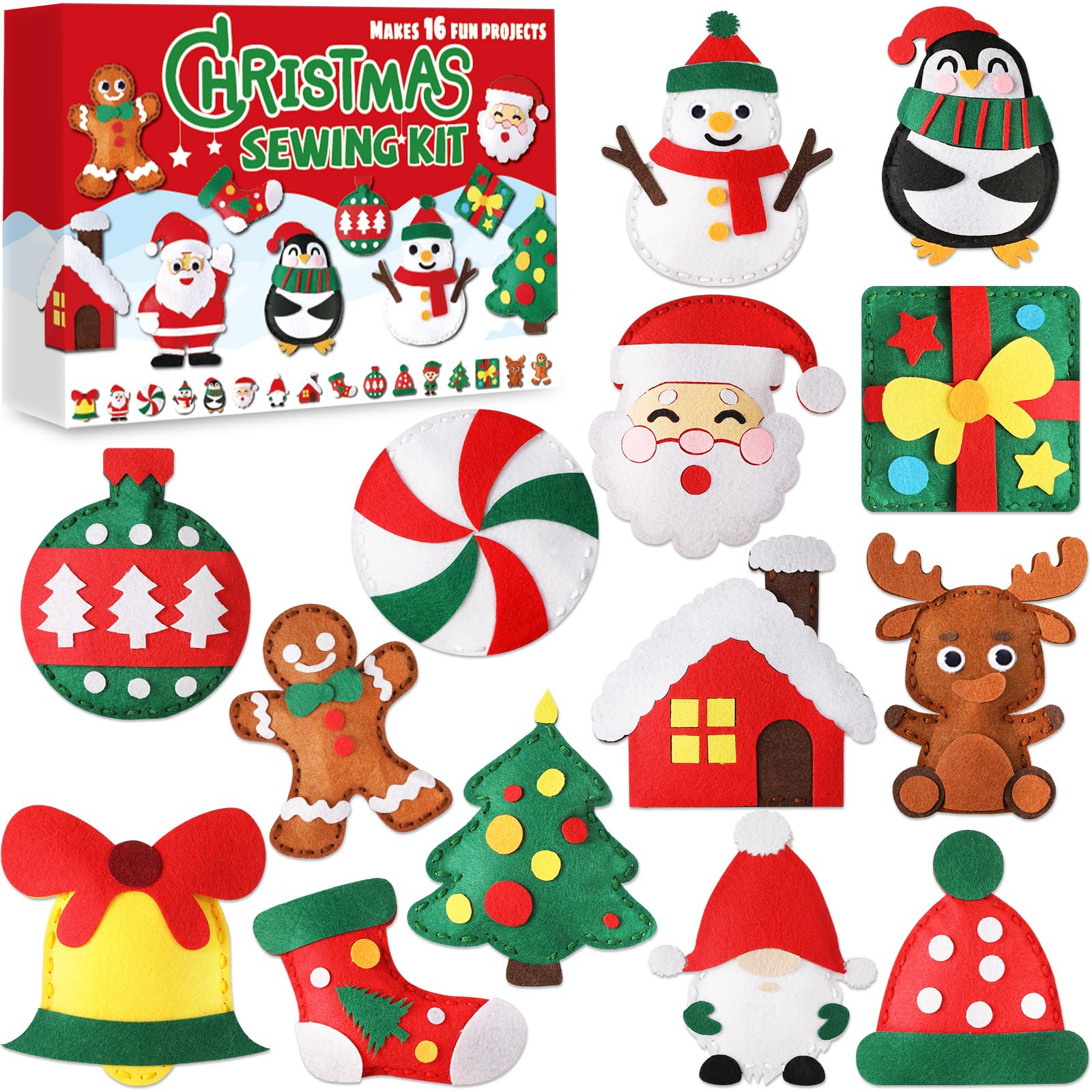 16 Sets Merry Christmas DIY Stuffed Craft Kit Christmas Sewing Kit Xmas Tree DIY Sewing Set for Beginners Snowman Educational Gift Set for Boys and Girls Xmas Felt Ornaments Decorations for kids