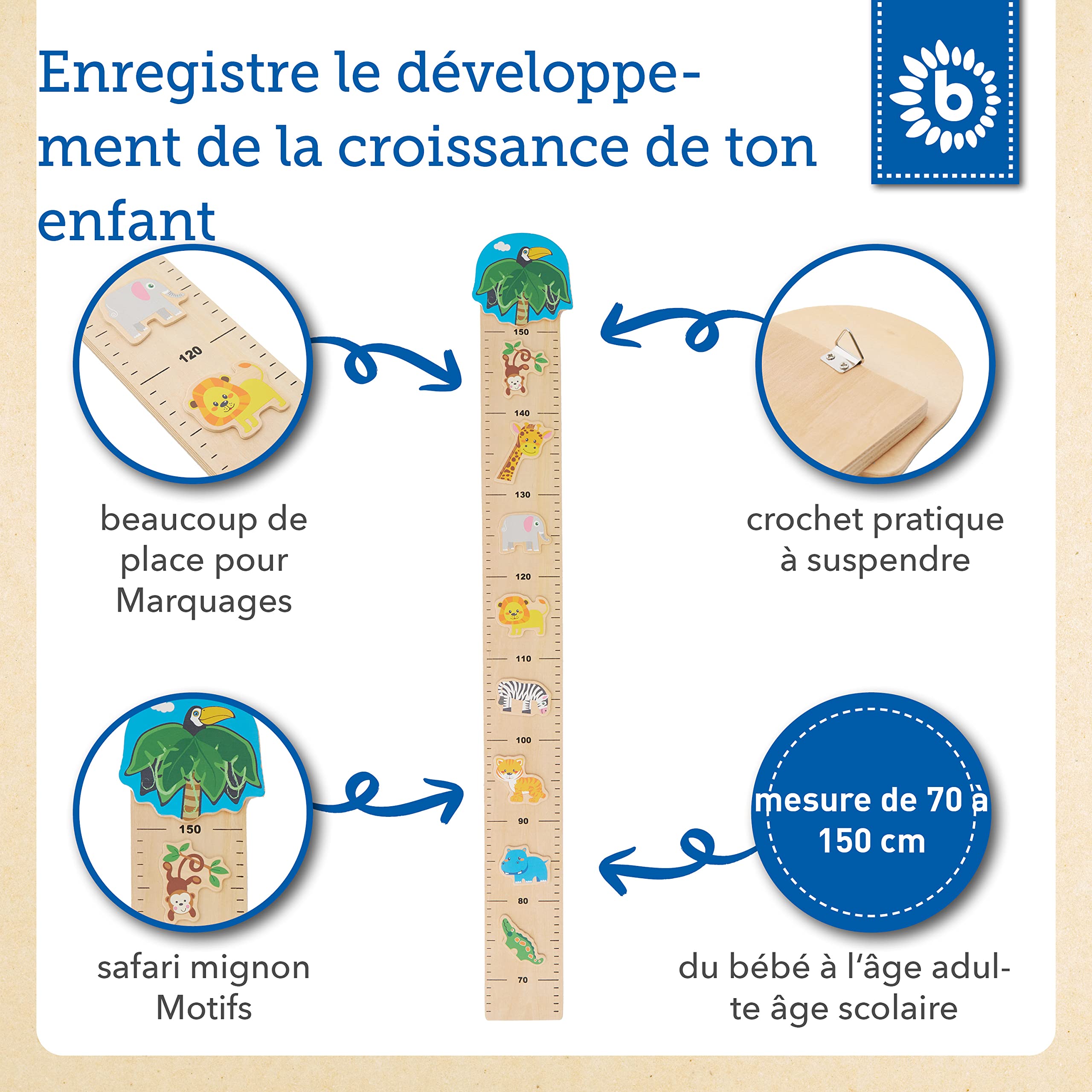 Bieco Toise Murale Enfant Bois Zoo | échelle 0,65-1,5m | Decoration Chambre Enfant | Tableau Chambre Enfant | Mesure Taille Enfant Mesure Enfant Mural Toise Enfant Deco Chambre Enfant Toise Bois