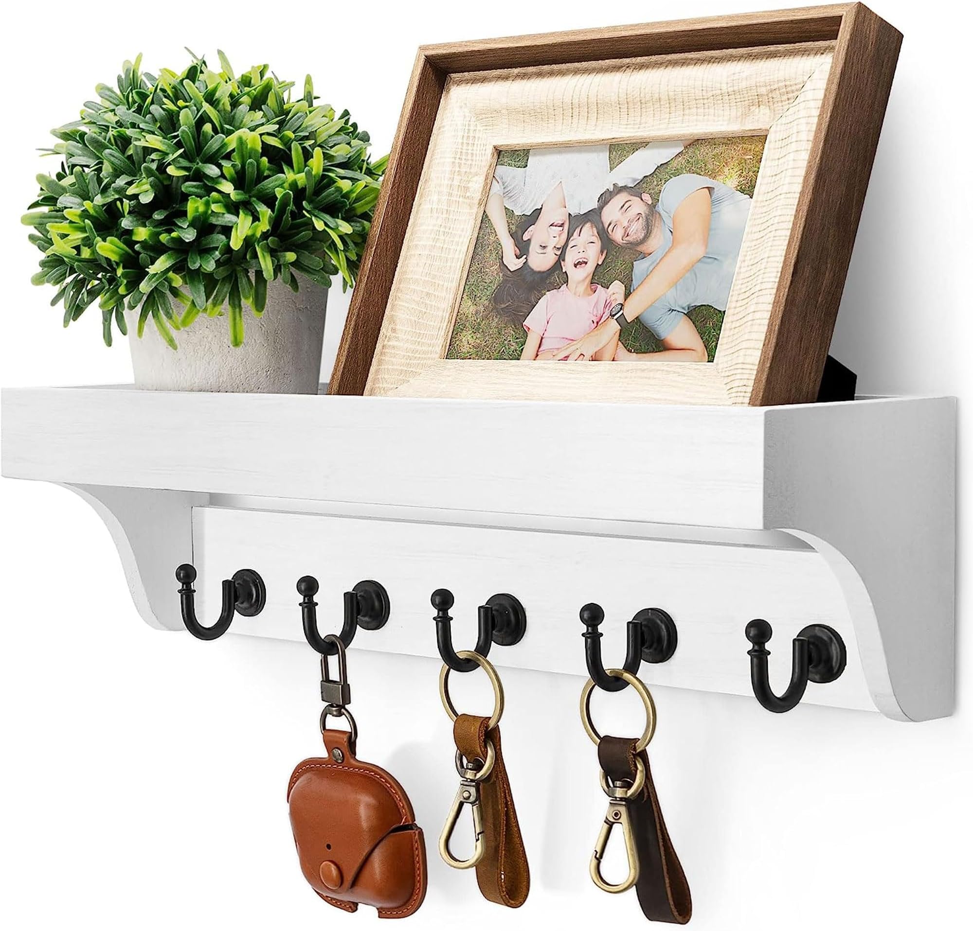 Rebee Vision Key and Mail Holder for Wall with Floating Shelf : Decorative Hanging Organizer with 5 Sturdy Keys Hooks and Wall Mount Key Rack - Farmhouse