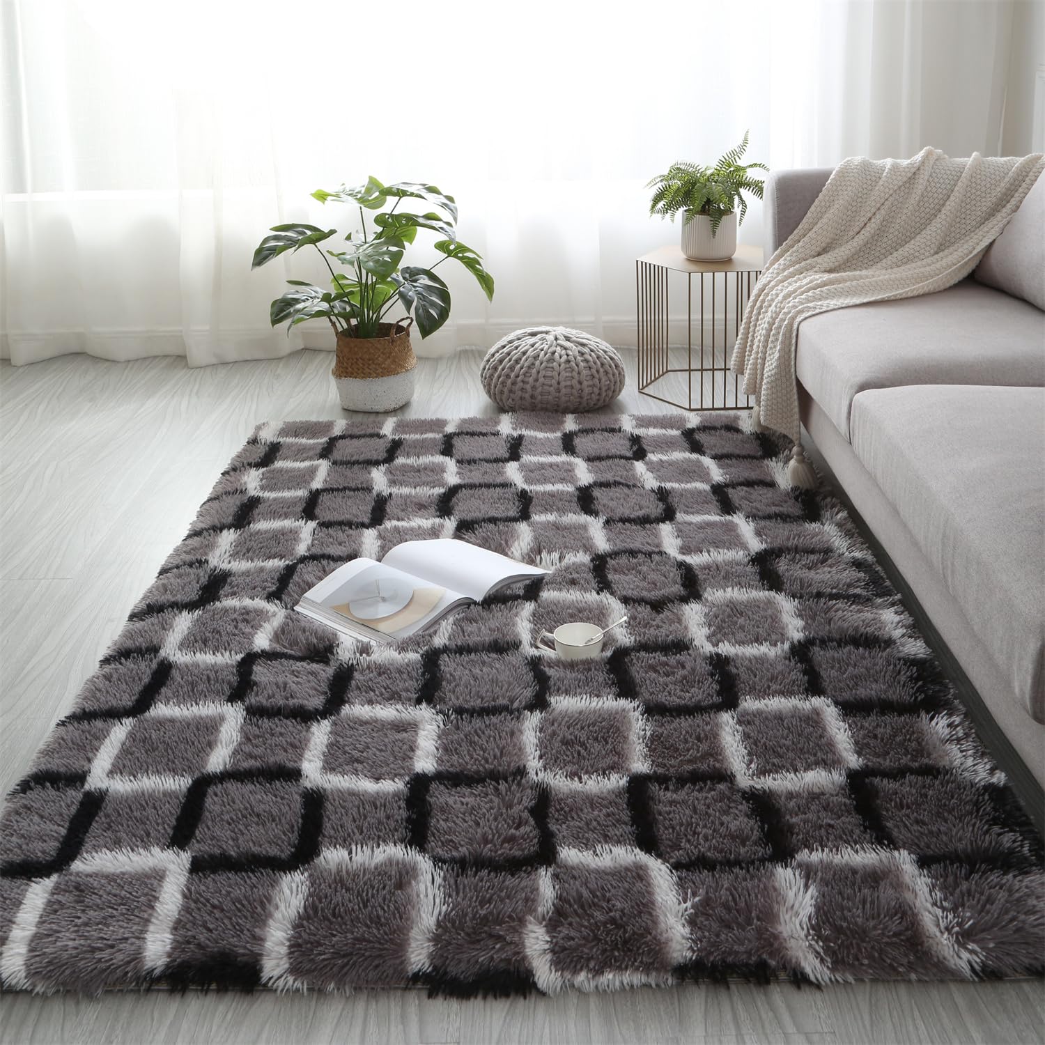 Aexpath Rugs Living Room, Gray White Squares,80x120 cm, Thick Luxurious Soft High-Pile Rug Carpet, Tie-Dye Area Rug, for Indoor Living Rooms, Bedrooms, and Hallways, Hand Washable, Fade-Resistant