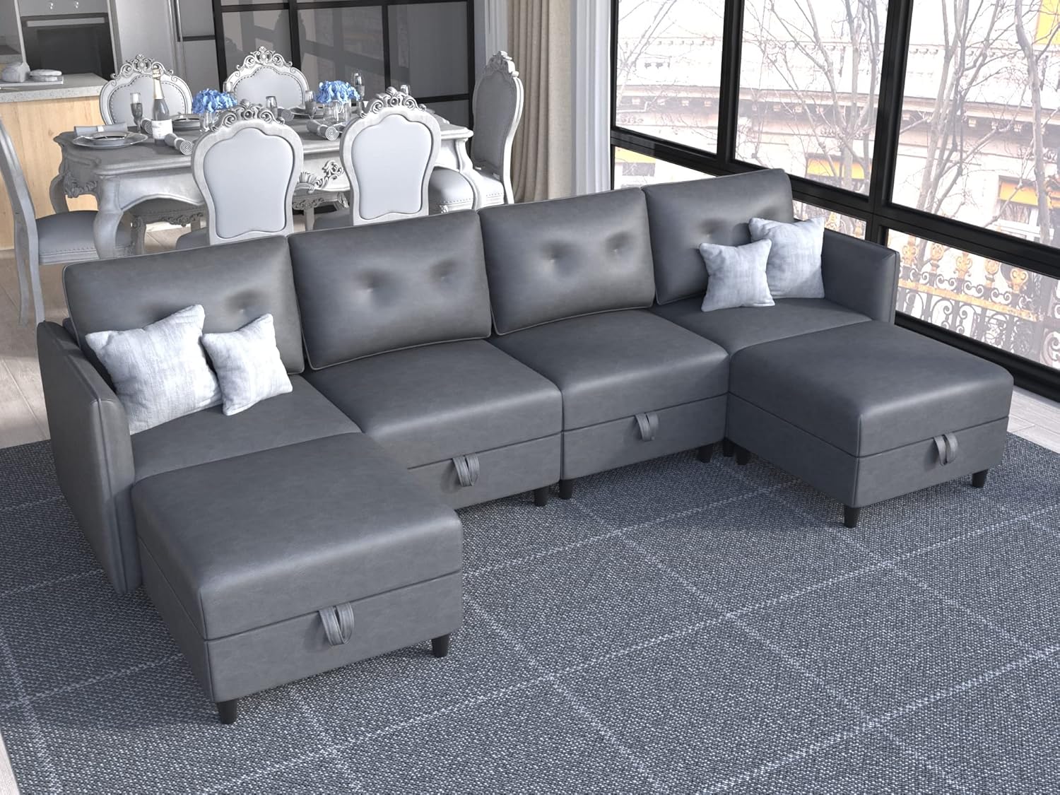 LLAPPUIL Modular Sectional Sofa Faux Leather Fabric U Shaped Couch with