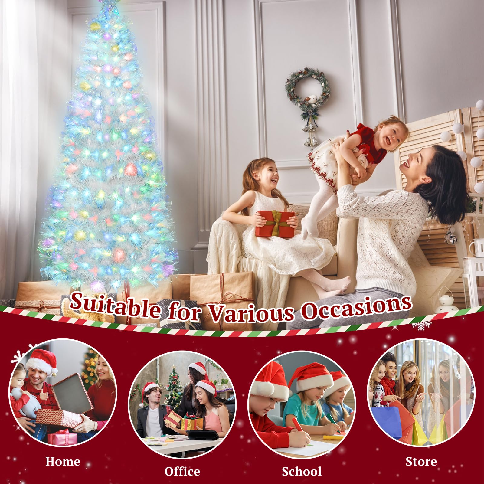 Uten artificiale Albero di Natale bianco 180 cm in fibra ottica, 220 punte, luci LED 7 colori, rami in PVC ignifugo, base in metallo, decorazione interna