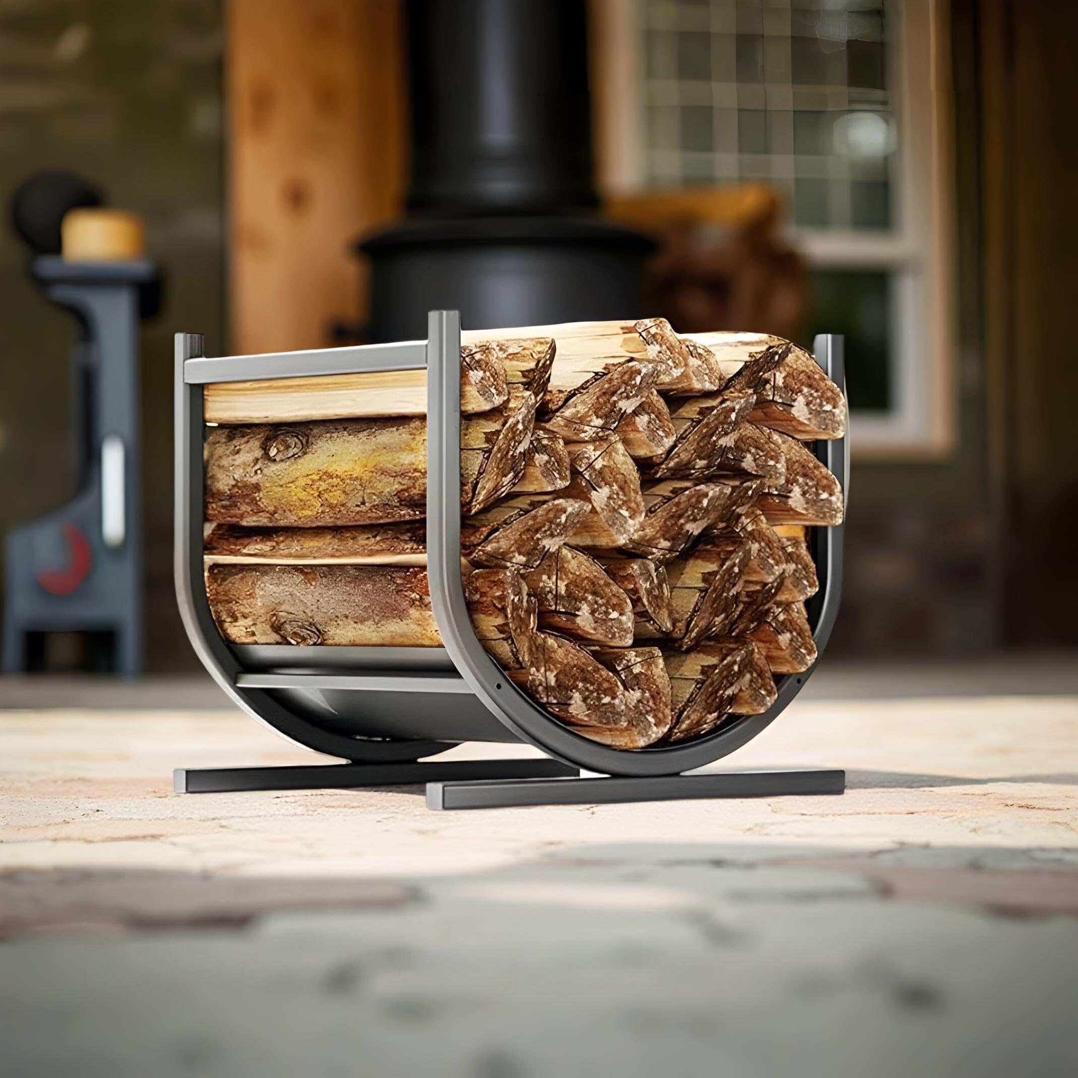 Idzo 17in Decorative Heavy Duty Firewood Storage Log Rack Decorative Heavy Duty Wood Holder Indoor Outdoor Black