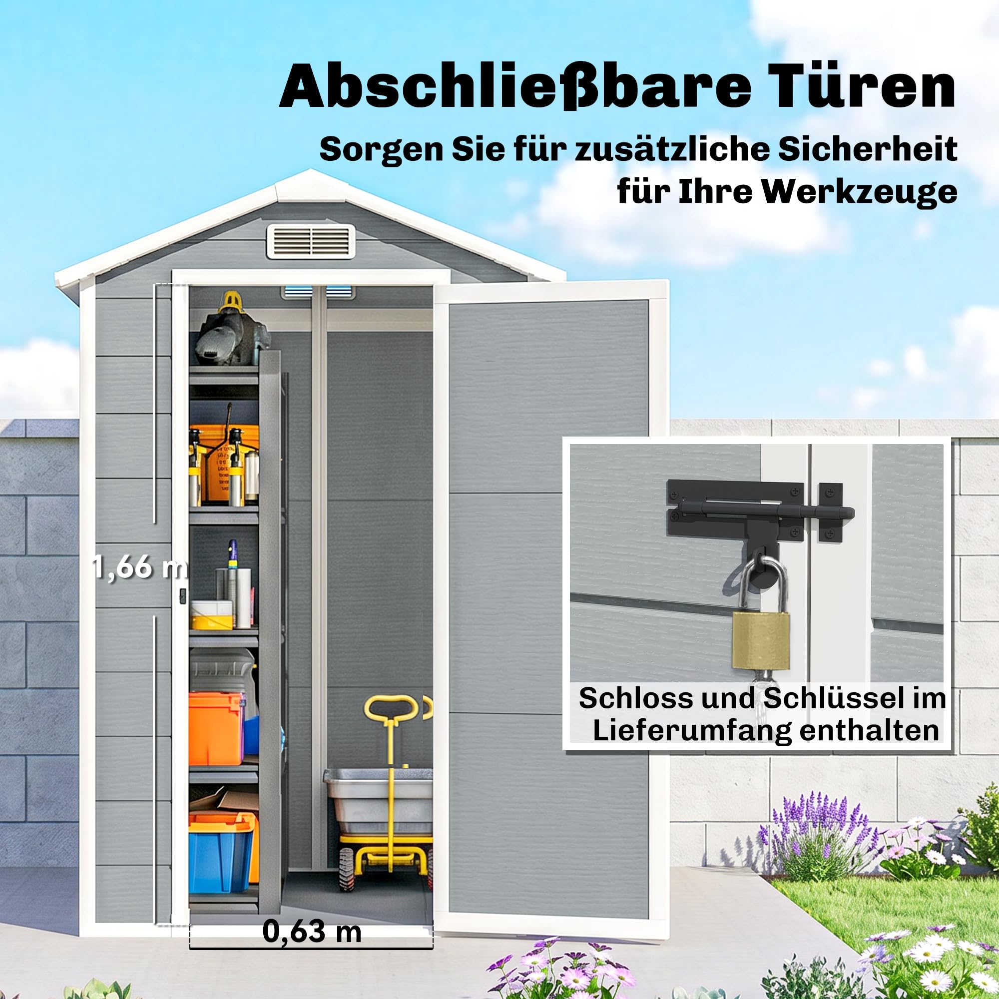 Outsunny Gerätehaus 2,1m² Wasserdicht mit Boden 131x186x198/172 cm Grau | Pultdach Gartenhaus, Geräteschuppen, Abschließbar Tür, Fenster, Fahrradgarage, Kunststoff, Hinterhof, Garten