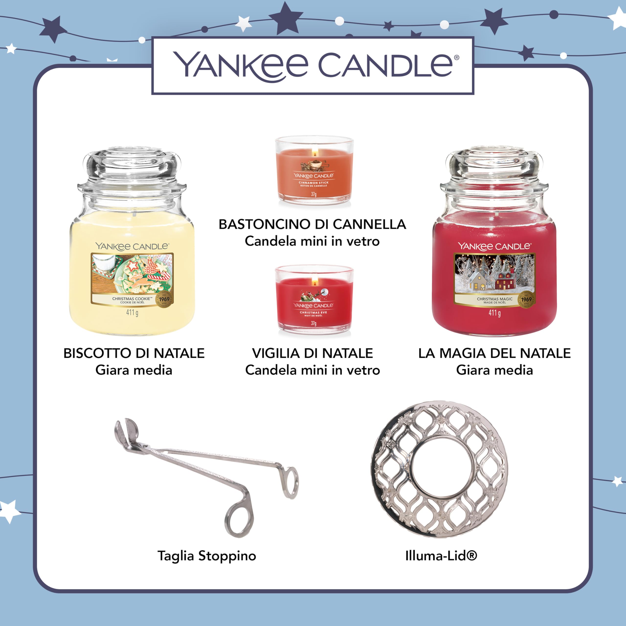 Yankee Candle | Set regalo di Natale | 2 candele profumate in giara media, 2 candele votive piene | Taglia stoppino e puntale per candela con coperchio Illuma | Set di 6 candele |perfetti per le donne