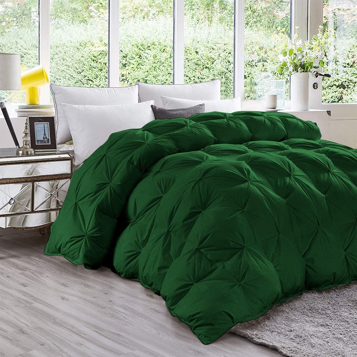 DNG Creations 3 Piece Luxury Pinch Pleated Comforter Set Premium Super Soft 400 GSM All Season Pintuck 1000 Thread Count 100% Egyptian Cotton Super Soft Super King Size Green Color