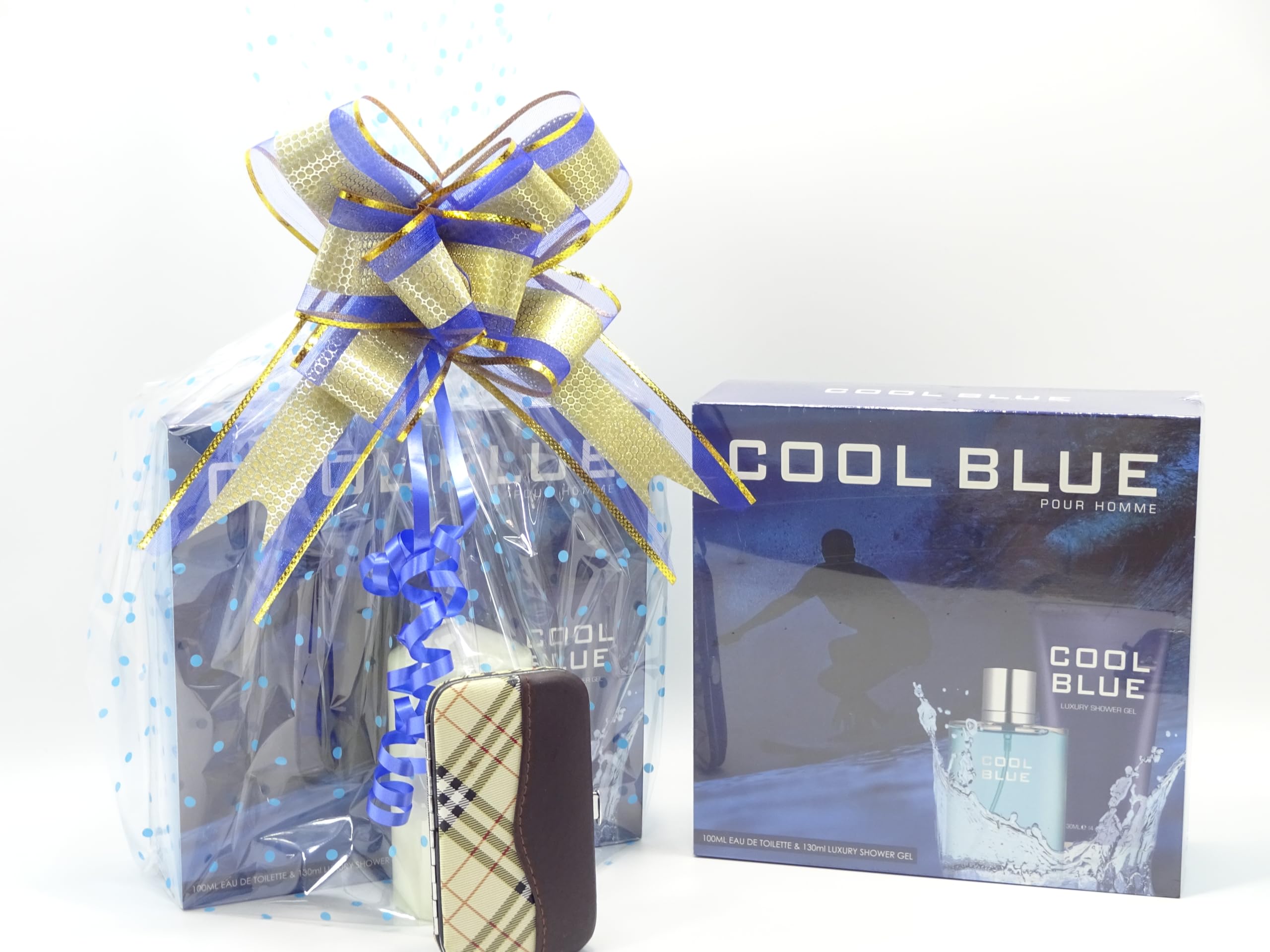 Luksusowy zestaw upominkowy dla niego, Cool Blue 2 szt. Zestaw upominkowy perfum 100 ml EDT i 130 ml luksusowy żel pod prysznic, zestaw do manicure, kosz prezentowy zapakowany na prezent