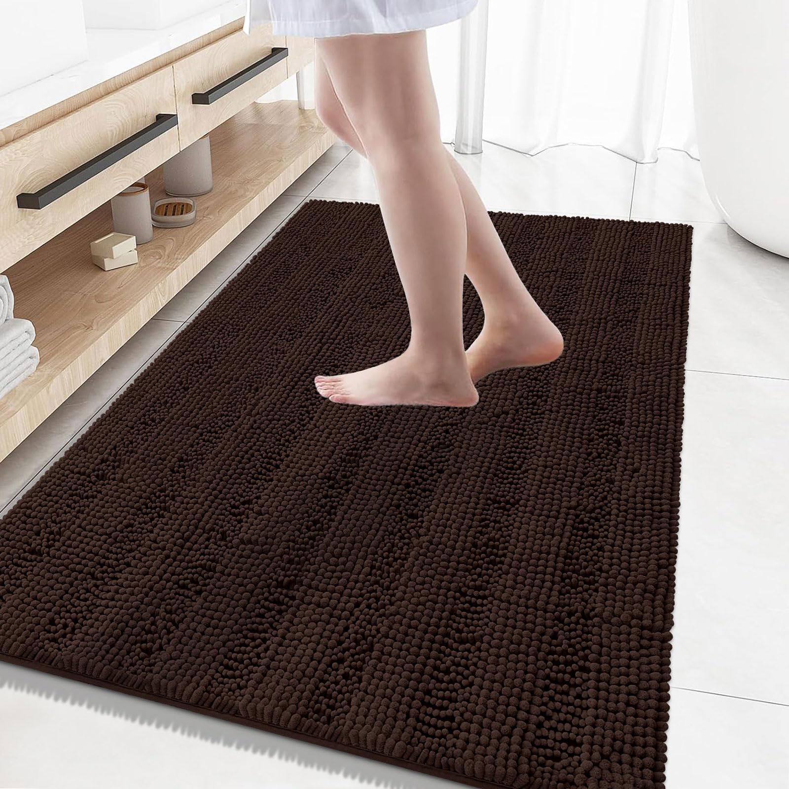Grandaily Chenille Bathroom Rugs 59x35, Soft Absorbent Bath Mats, Brown