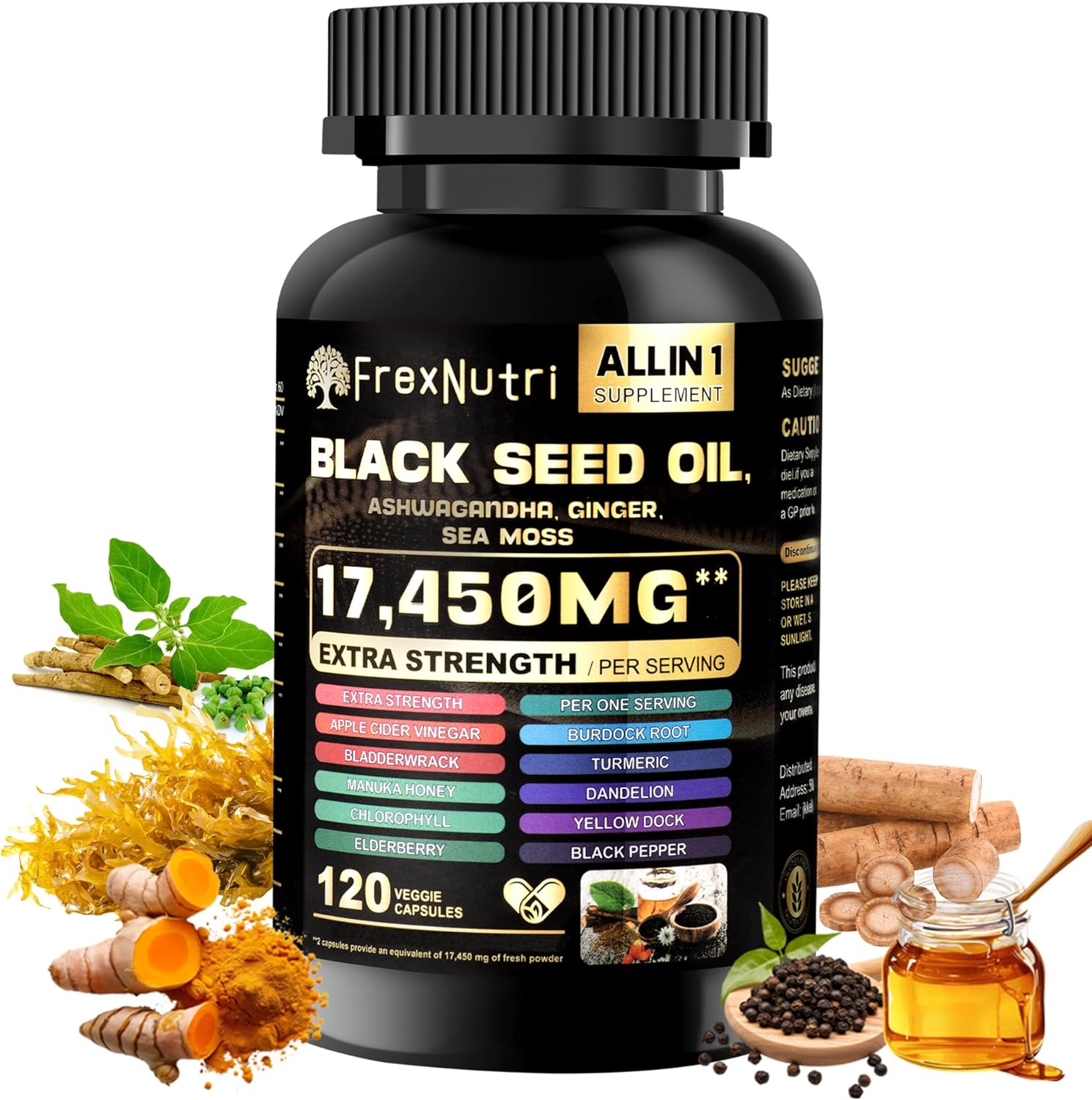 Sea Moss & Black Seed Oil Capsules – Organic Sea Moss with Ashwagandha, Ginger, Burdock Root & Bladderwrack – 120 Capsules for Natural Vitality & Wellness Support