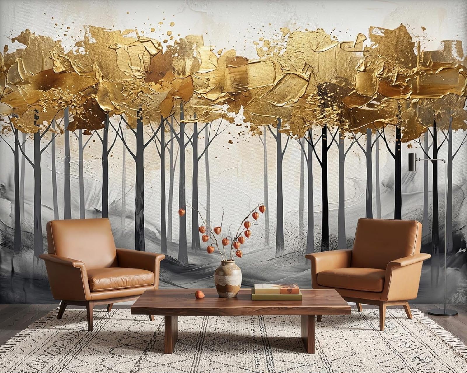 hgjdjhnf Abstract Forest Photo Wallpaper Gold 3D Effect Trees Modern Living Room Bedroom Children's Room Wall Decor Motif Wallpaper, 350cm x 256cm Stickers - Frameless Painting - Poster