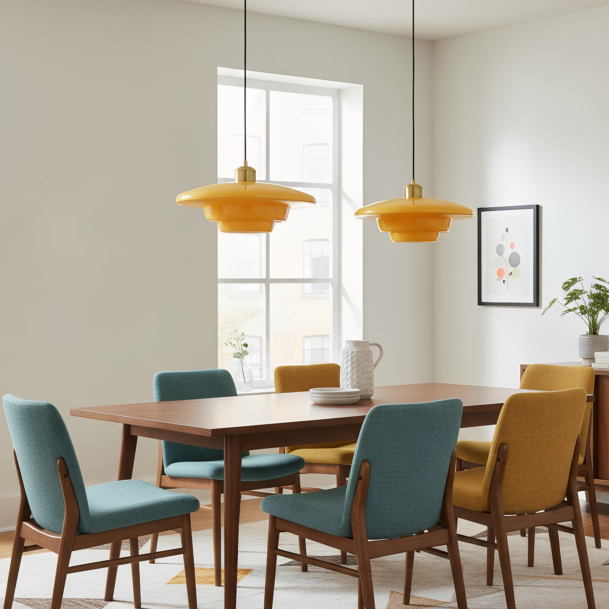 Pendelleuchte Esstisch Vintage, Höhenverstellbar Hängeleuchte aus Glas & Antik-Gold E27-Fassung, Große Hängelampe für Esszimmer Küche Schlafzimmer Wohnzimmer (Gelb, 30cm)