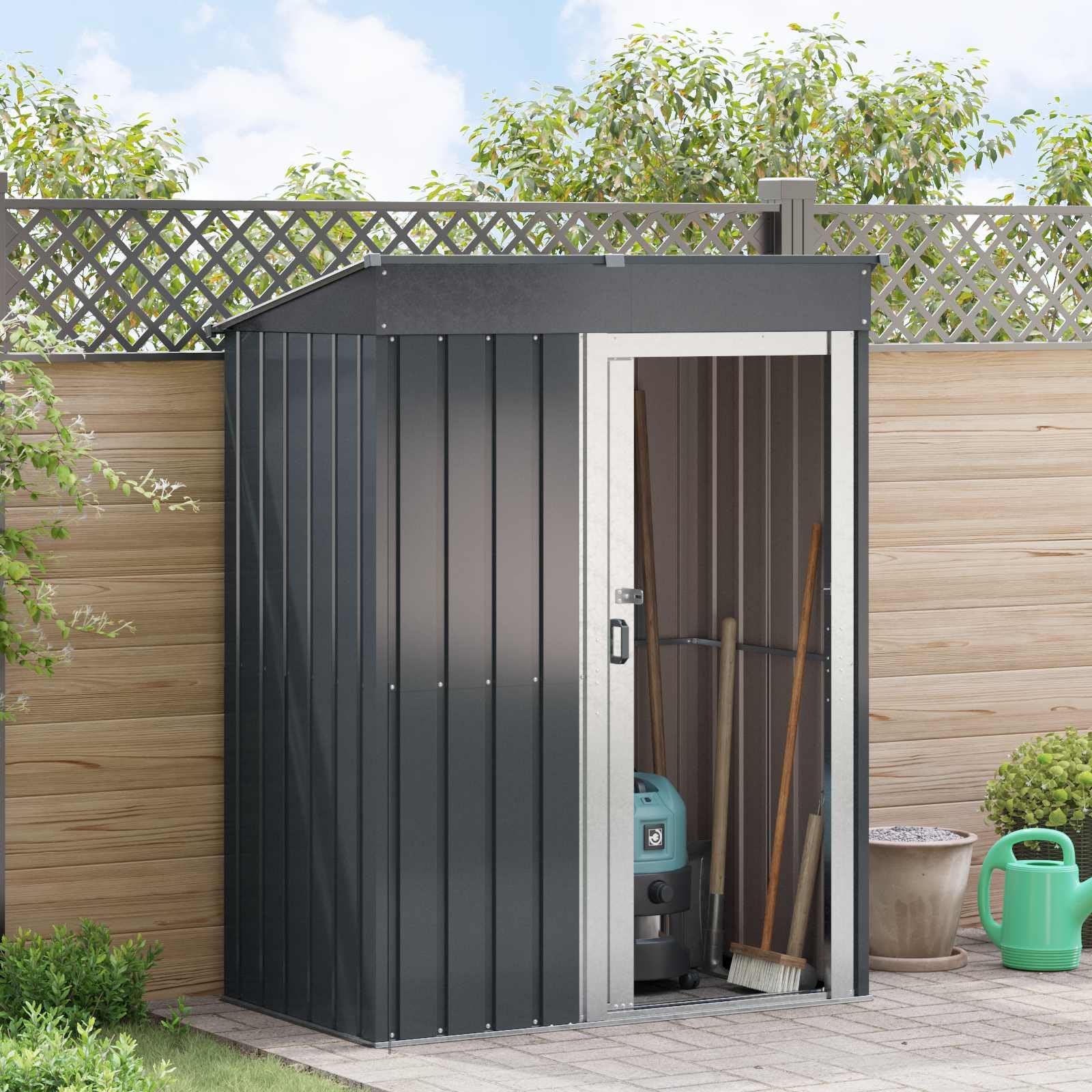 Antracyt metalowy domek ogrodowy 137x81x180 cm, nowoczesny prostokątny schowek na zewnątrz, trwały i odporny na warunki atmosferyczne, łatwy montaż narzędzi i garnków