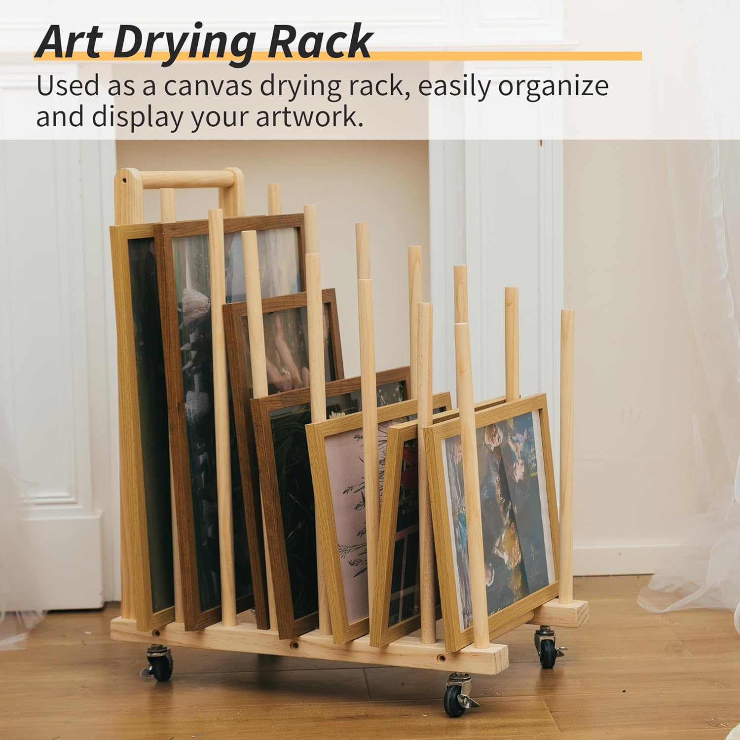 GENMOUS Art Storage Rack with Caster Wheels, Art Drying Rack Wood Storage Stand for Canvas Storage Paint Drying Rack,Drawing Board Stands for Printed Matter,Crafts Drying,Art Studio,Classrooms Easel
