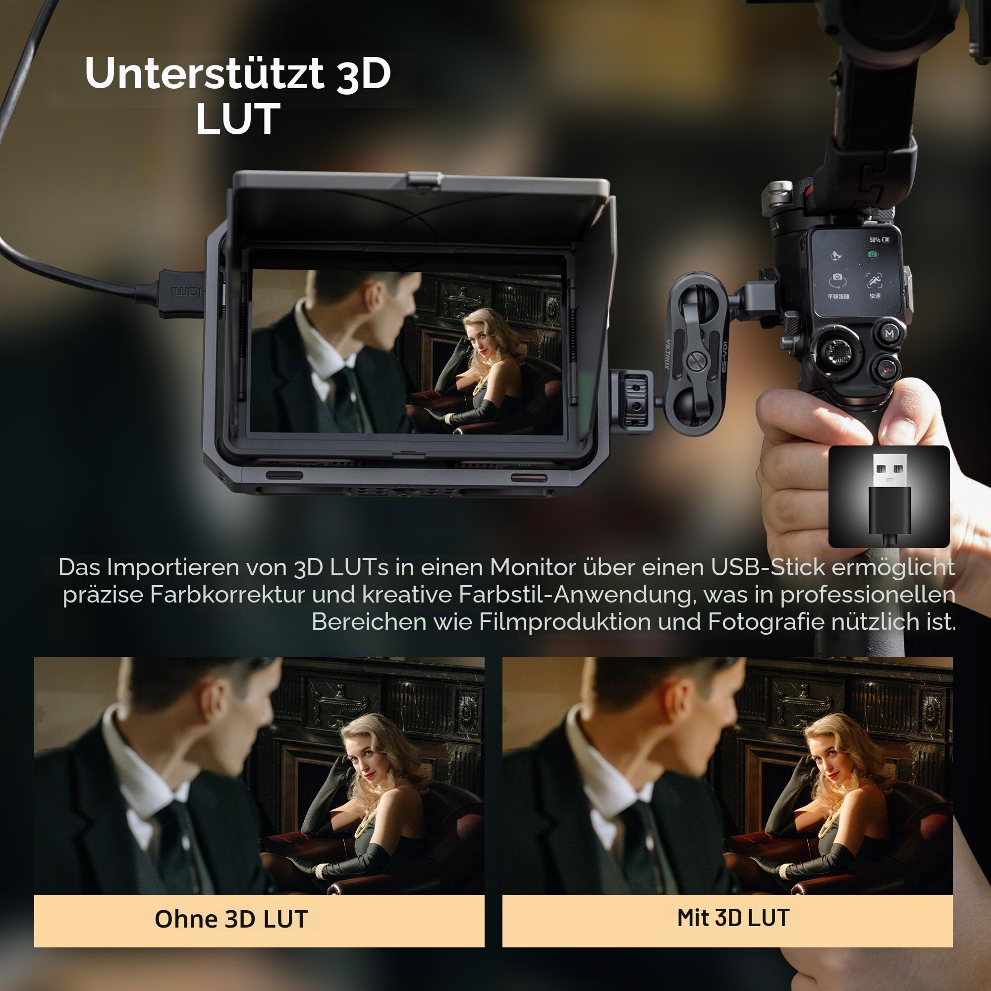 VILTROX DC-X2 Kamera Monitor 6 Zoll Touchscreen mit Rigg-Käfig, 4K HDMI EIN-/Ausgang, 3D-LUT, Wellenform, Sonnenblende, Externer Video Monitor für DSLR & Kamera