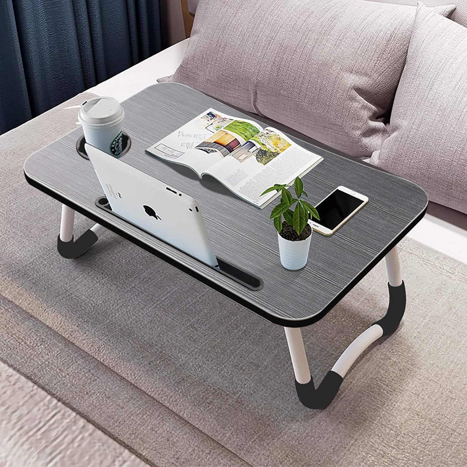 Foldable Bed Tray Lap Desk, Portable Lap Desk with Phone Slots Notebook Table Dorm Desk, Small Desk Folding Small Dormitory Table (Black)