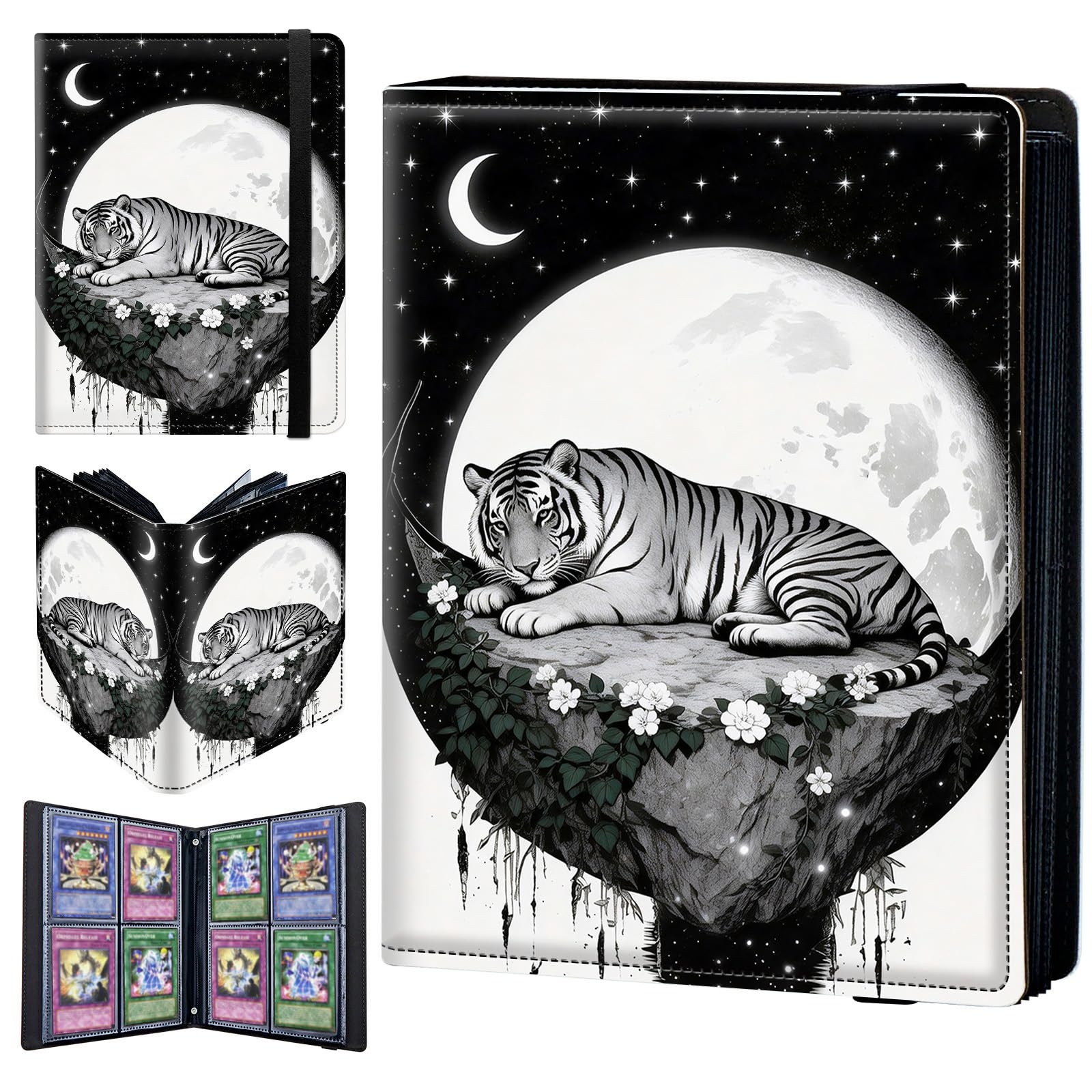 4 Pocket Trading Card Binder 240 Side Loading Pocket Album with Moon Tiger Flowers Pattern Design Card Binder for Sports Cards & Game Cards — image 1