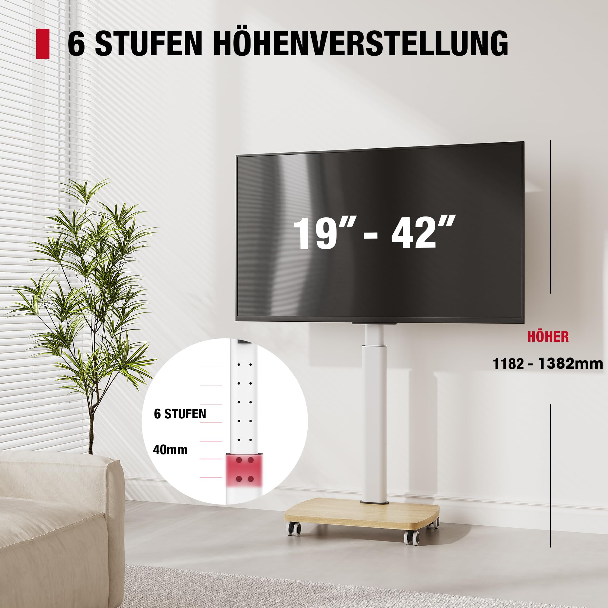 AOKCOS TV Ständer Rollbar mit Holzbasis, Fernsehständer Rotierbar für 19-42 Zoll Fernseher, TV Bodenständer mit Rollen Höhenverstellbar Schwenkbar, bis 20 kg Max. VESA 200x200mm (Weiß+Natur)