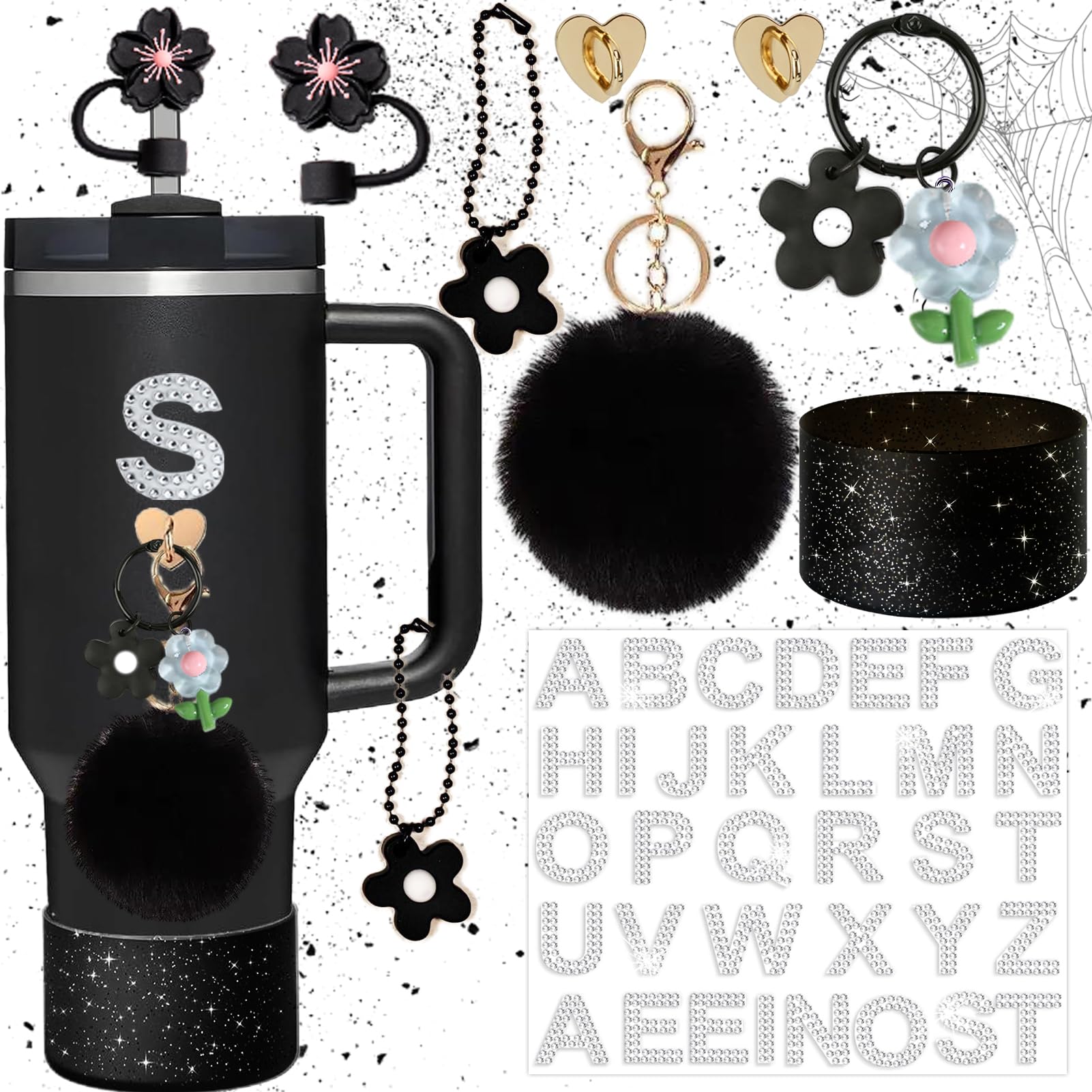 Accessories for Stanley Cup,Rhinestone Letter Stickers Silicone Flower Straw Cover Cup Boot Cute Colorful Flowers Charms Pompom Ball Keychain for Stanley 40oz & 30oz Tumbler(Black)-picture-20
