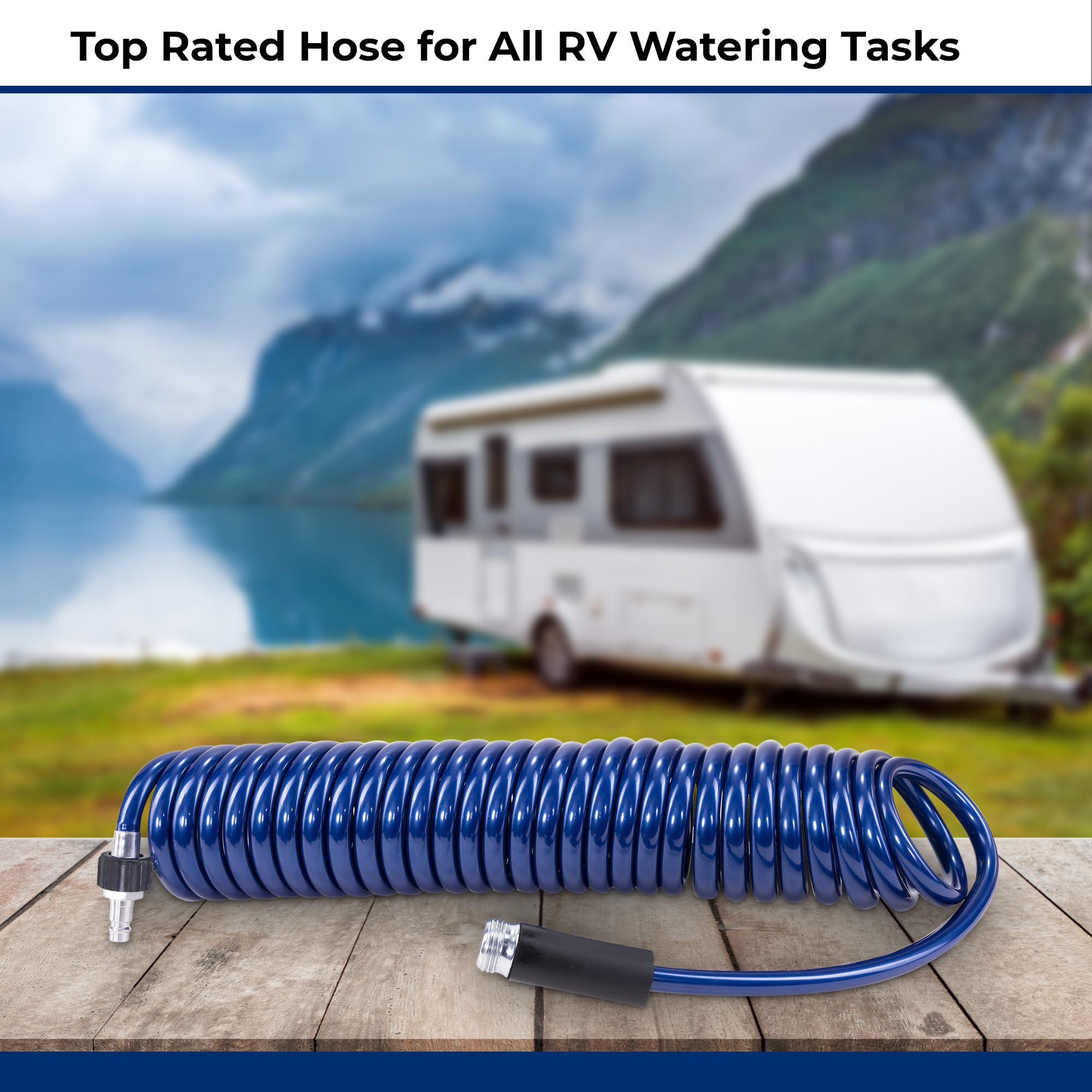 PLASTAIR RV Premium - Manguera de resorte de poliuretano | Manguera en espiral segura para agua potable con enchufe adaptador macho de conexión rápida | 25 pies, azul, diámetro interior de 3/8