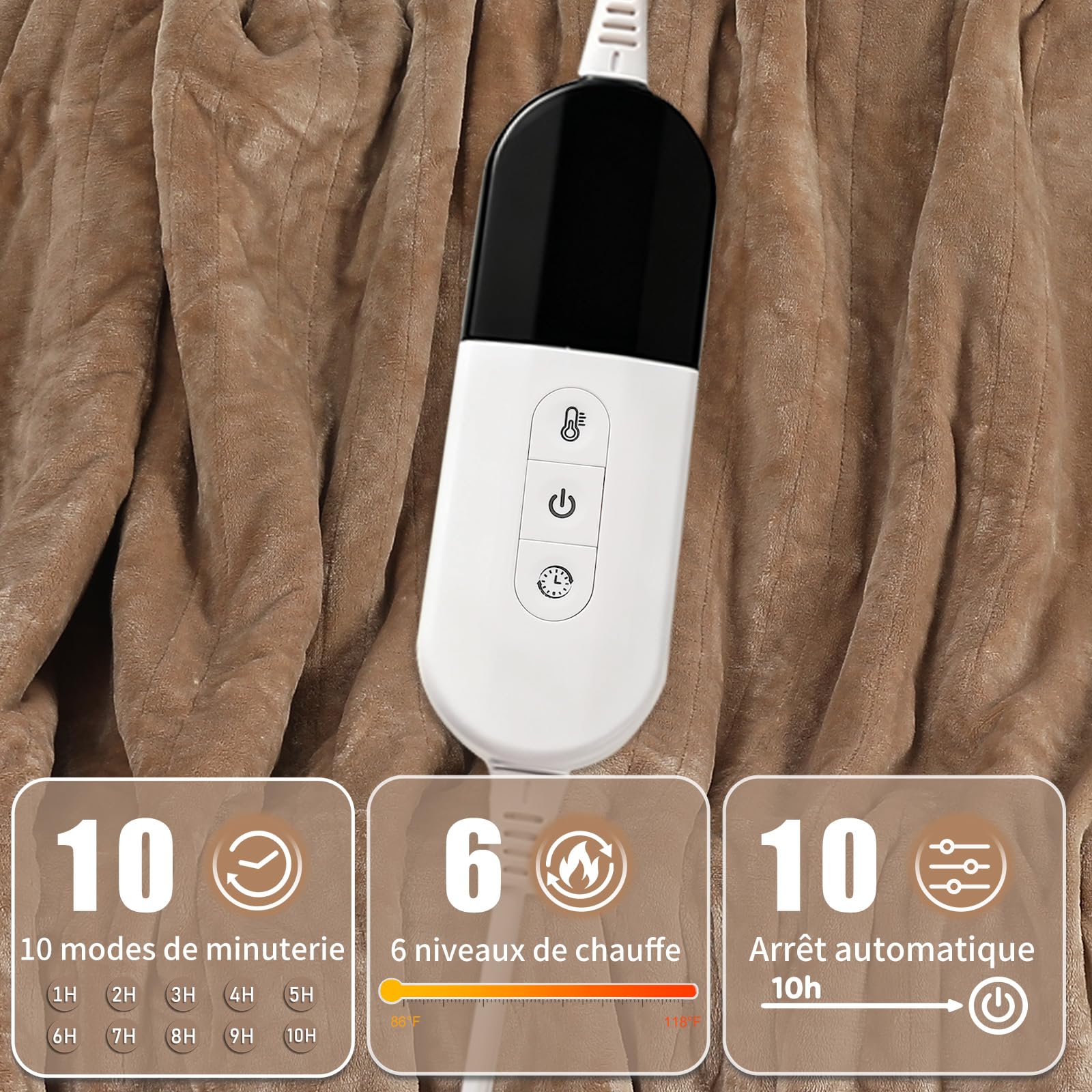 ESTINGO Manta Eléctrica 180x130 cm, Manta Calefactora de Franela y Sherpa para Sofá y Cama, 6 Niveles de Temperatura, Temporizador de 10h, Apagado Automático y Lavable, Beige