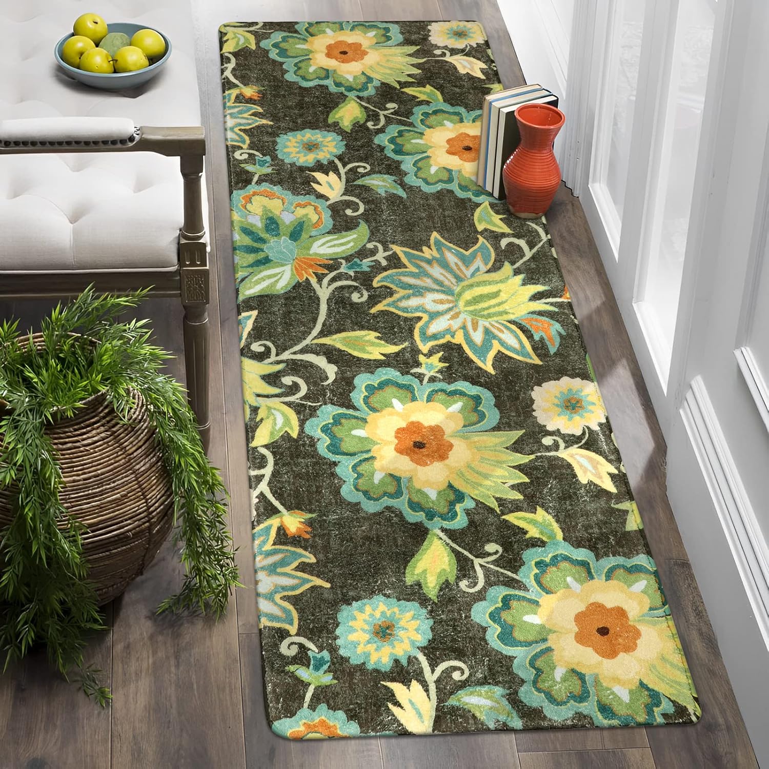 Lahome Floral Hallway Runner Rug - 2x6 Kitchen Runner Rugs Non Skid Washable Non-Slip Laundry Room Rug Throw Low-Plie Entryway Rug Green Paisley Print Carpet Runner for Bedroom Bathroom Livi
