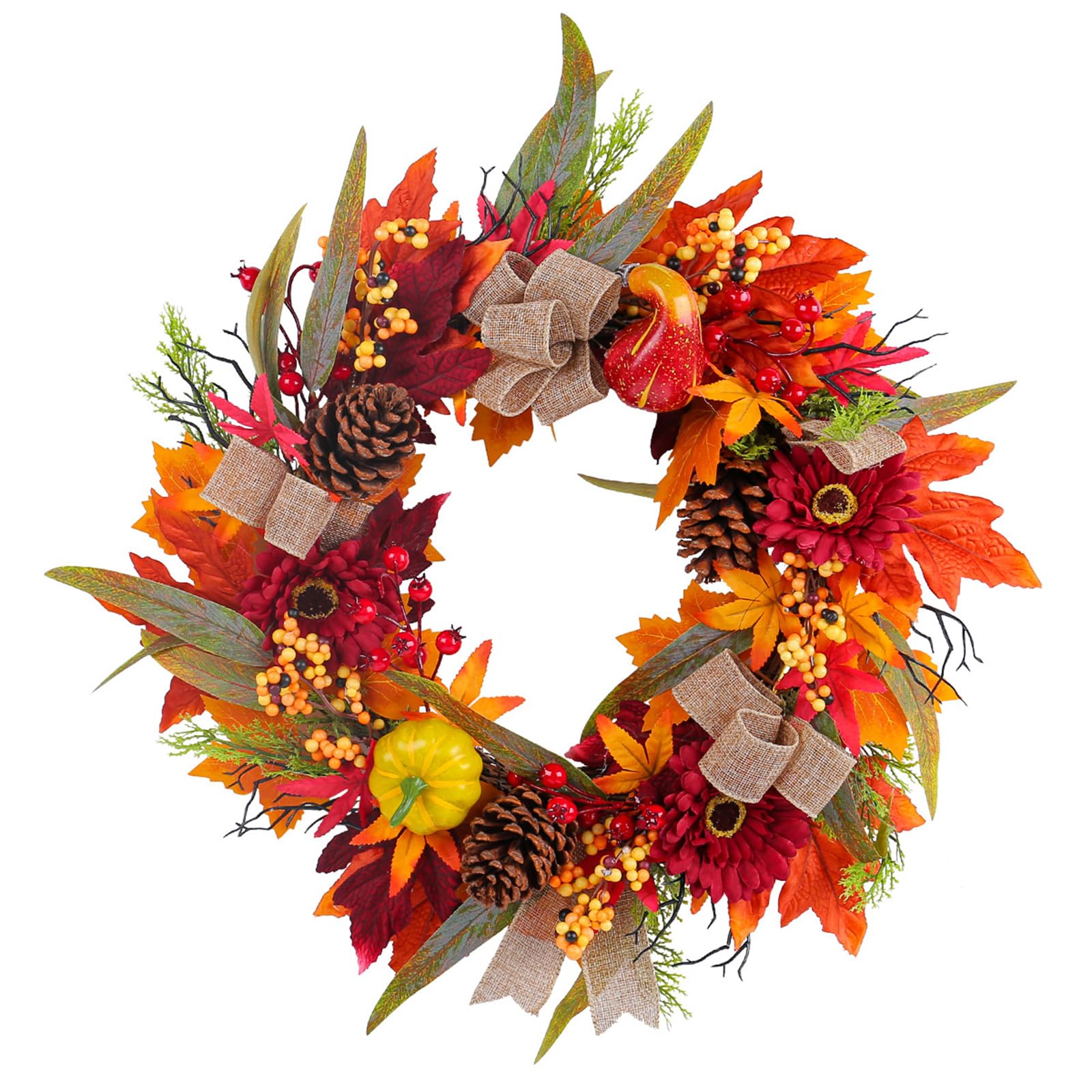 PANGBOER Artificial Wreath with Pumpkins, Autumn Wreath Harvest Day for Front Door Garden Thanksgiving Holiday Decoration Door Decorations