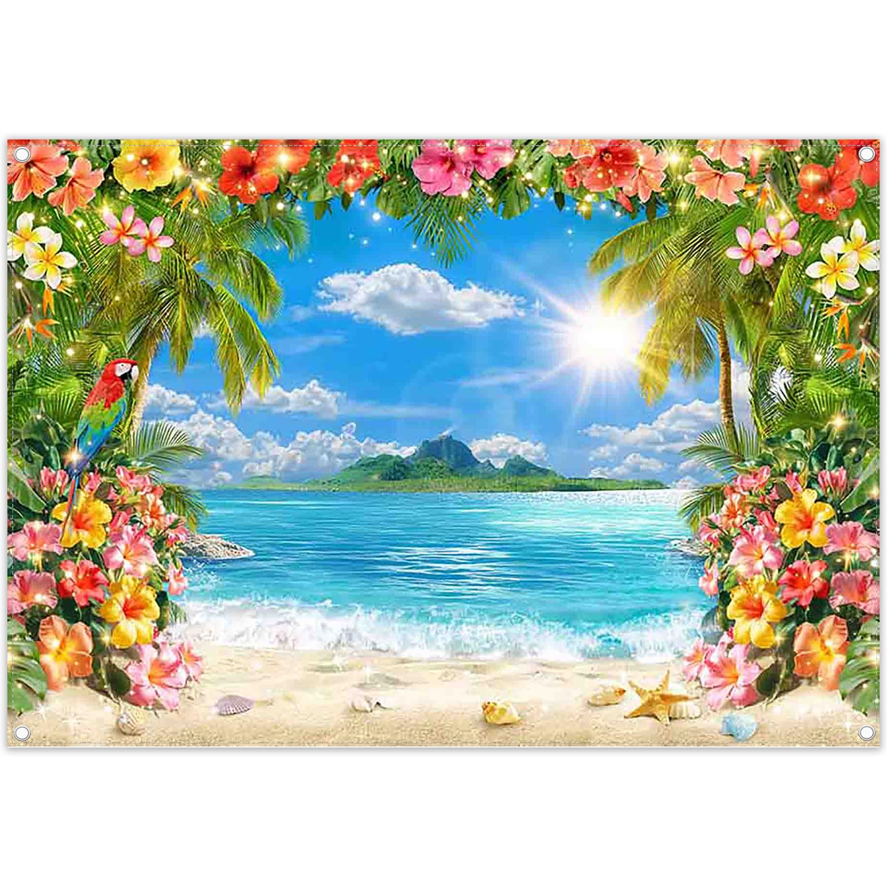 ZTHMOE Fabric 7x5ft Summer Hawaii Beach Photography Backdrop Tropical Palm Trees Blue Sky Ocean Surfboard Flowers Background Luau Party Decorations