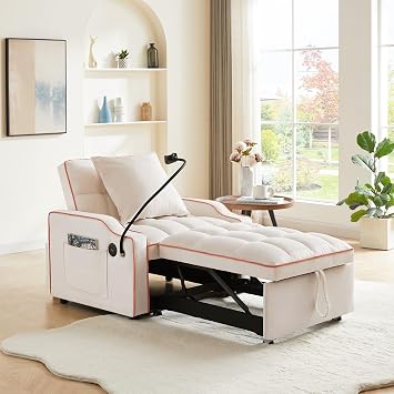 ZEIINPA 3 in 1 Single Sleeper Sofa Chair with Pullout Bed, Velvet Convertible Pull Out Couch with Adjustable Backrest, Modern Chaise Lounge with USB Port & Phone Holder for Living Room, Beige