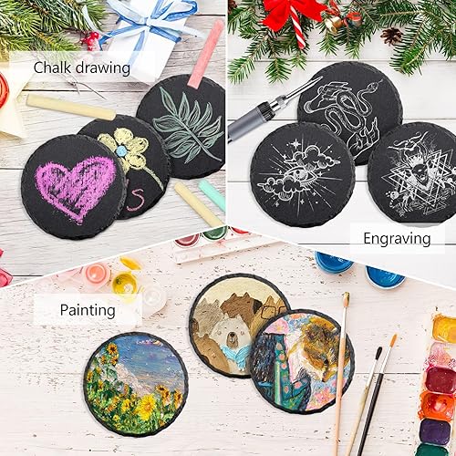 Miniatura 4 de Juego de 8 posavasos redondos de pizarra para bebidas, 4 pulgadas, grabado láser, posavasos de piedra de pizarra negra con parte inferior