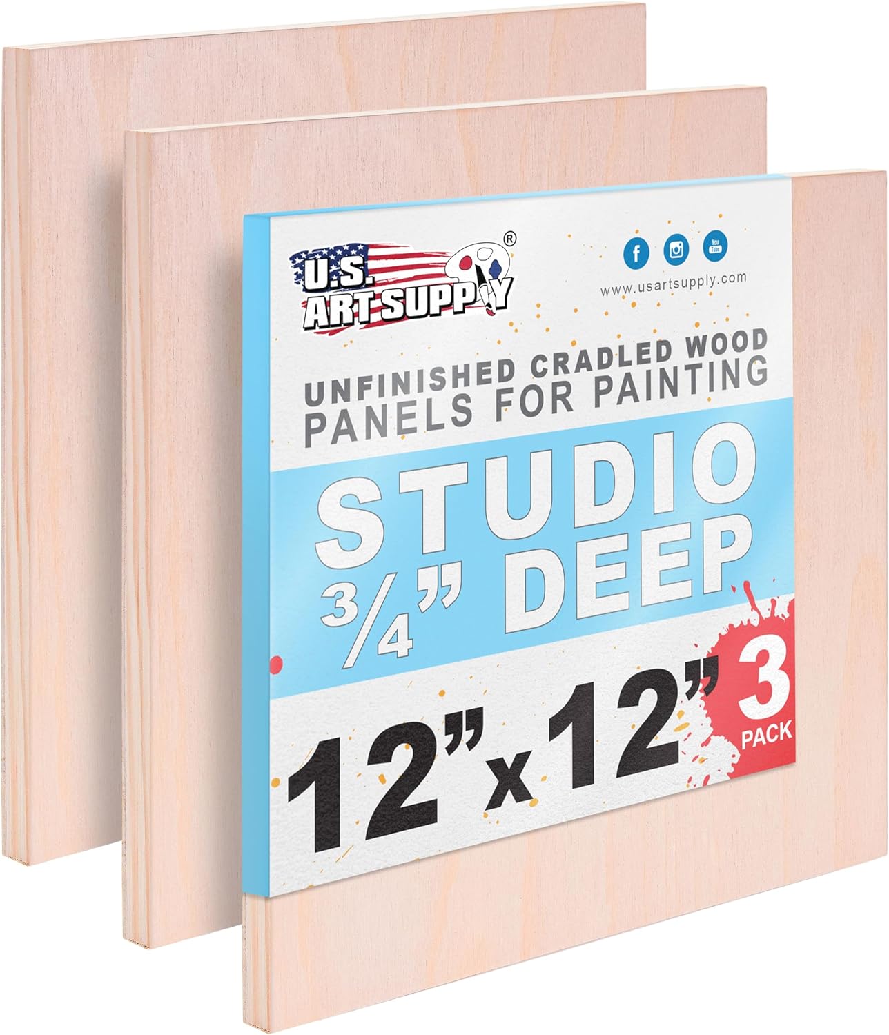U.S. Art Supply 12" x 12" Unfinished Cradled Wood Panels for Painting, Studio 3/4" Deep (3 Pack) - Artist Depth Birch Wooden Wall Canvases - Mixed-Media Craft, Acrylic, Oil, Encaustic, Paint Pouring