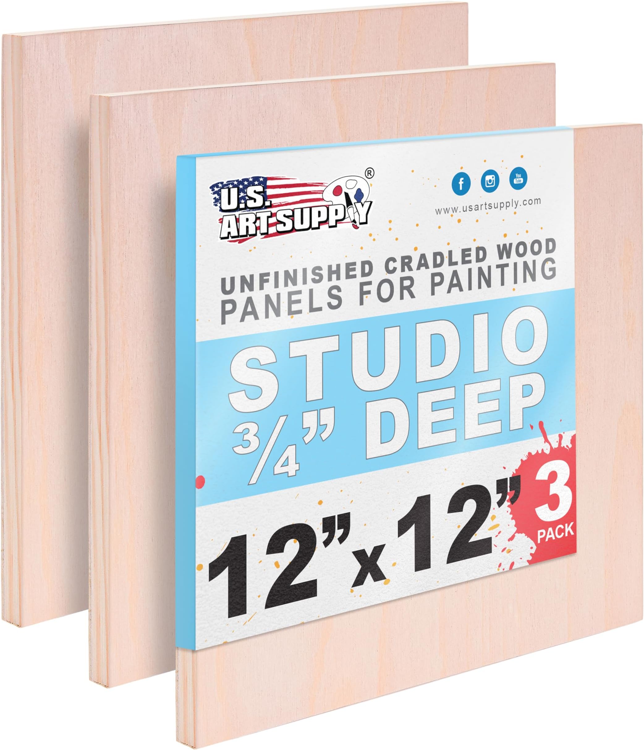 12" x 12" Unfinished Cradled Wood Panels for Painting | Studio 3/4" Deep, 3 Pack, Artist Depth Birch Wooden Wall Canvases - Mixed-Media Craft, Acrylic, Oil, Encaustic, Paint Pouring