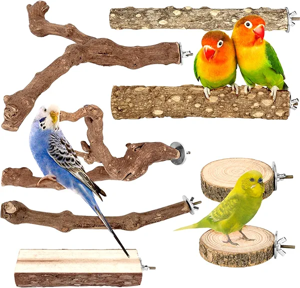 CZWESTC Natural Wood Bird Perches for Cage, Parrot Perch Stand & Platform, Bird Cage Accessories for Parakeets, Cockatiels, Conures, Lovebirds (Brown, Natural Grapewood Variety Set - 8PCS)