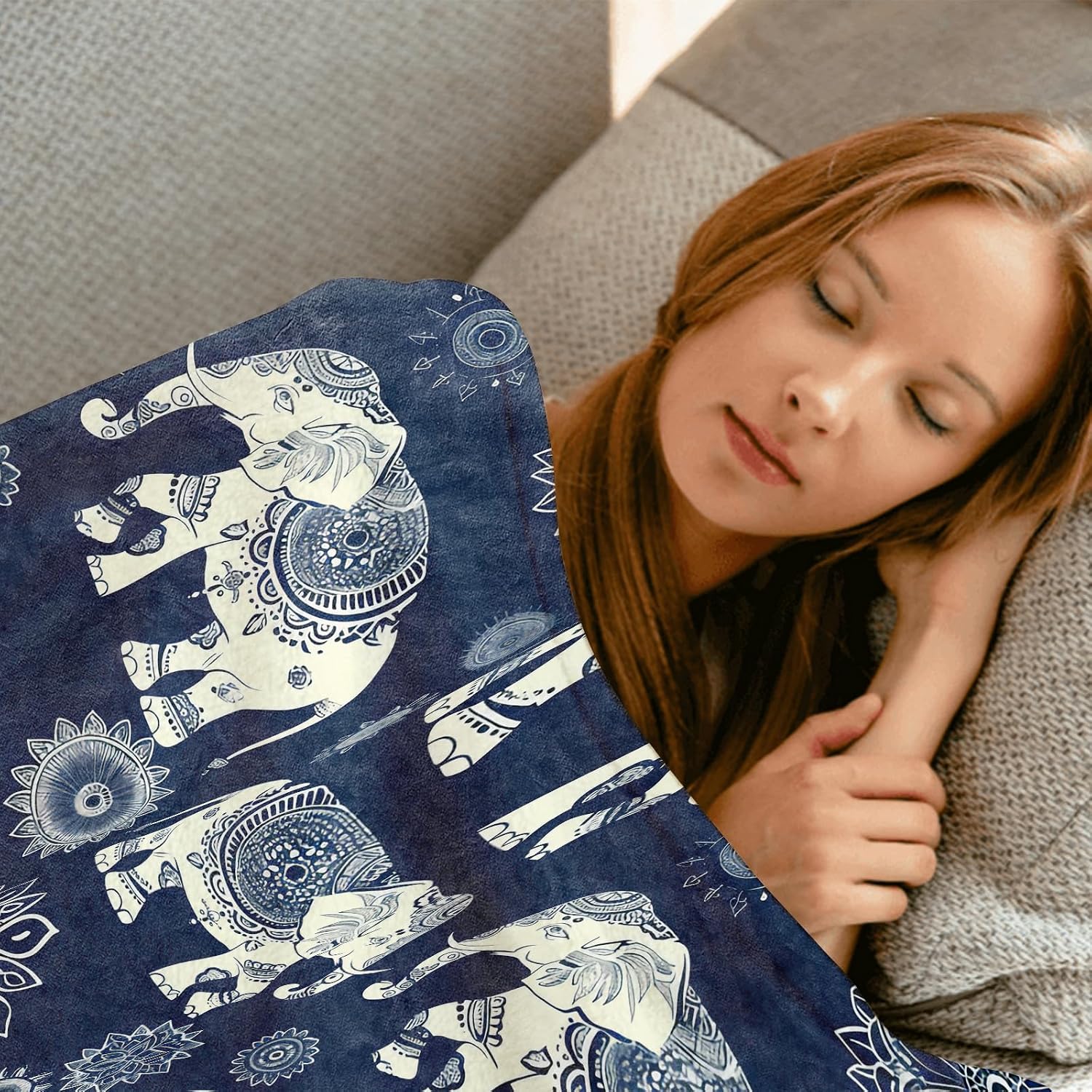 Elephant and Mandala Throw Blanket,50x60in,Soft, Lightweight Flannel,Intricate Bohemian Blankets,Gifts for Kids & Animal Lovers,for Couch Travel Picnics,Home Living Room Decor