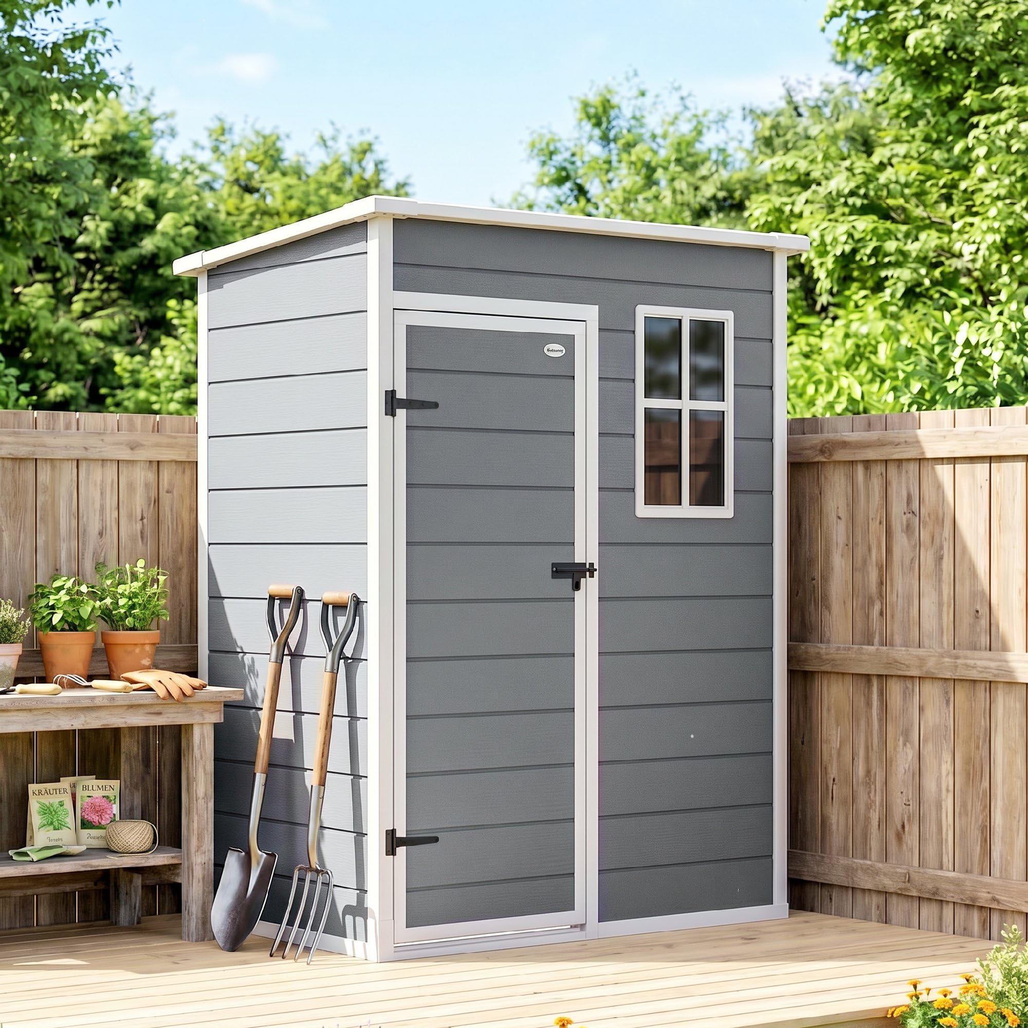 Outsunny Gerätehaus Kunststoff 1,14m² 151 x 92 x 193cm Geräteschuppen mit Pultdach Boden Fenster Abschließbarer Tür wetterfest Gartenhaus Outdoor Garten Schuppen für Hinterhof Grau | Mit Boden, Mit Fenster, Abschließbare Tür, Wetterfest, Geräteschuppen, G