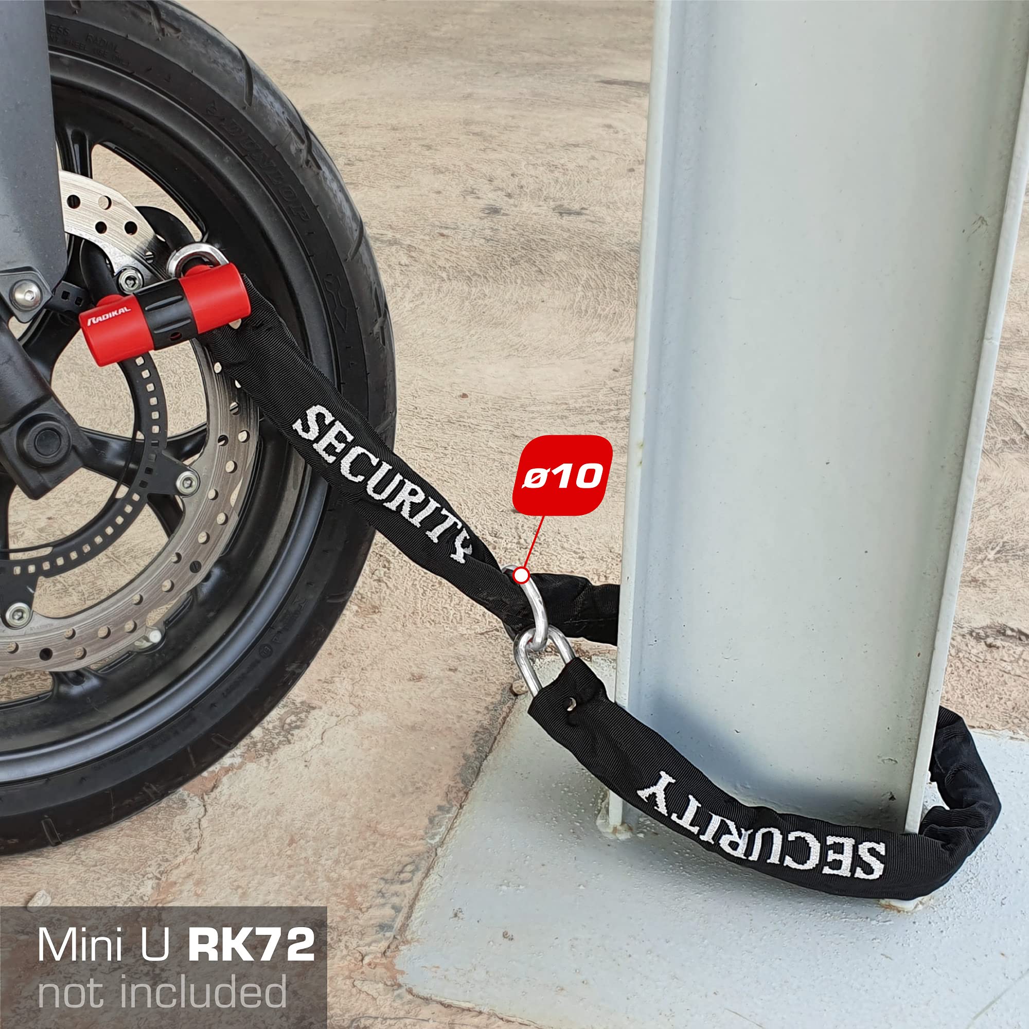 Radikal RK10120L łańcuch bezpieczeństwa, wysoka wytrzymałość, do motocykli, stali, średnica 10 mm, sześciokątny, 120 cm, czarny, 120 cm