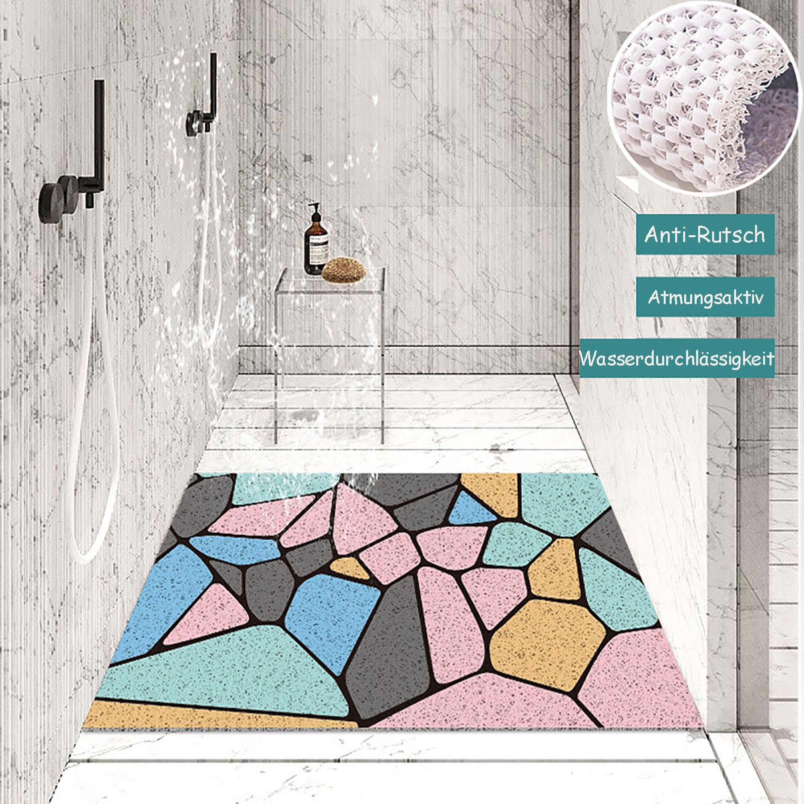 Tappetino da doccia antiscivolo, 40 x 60 cm, morbido e confortevole, in PVC, alla moda e lucido, con ganci, alta permeabilità all'acqua