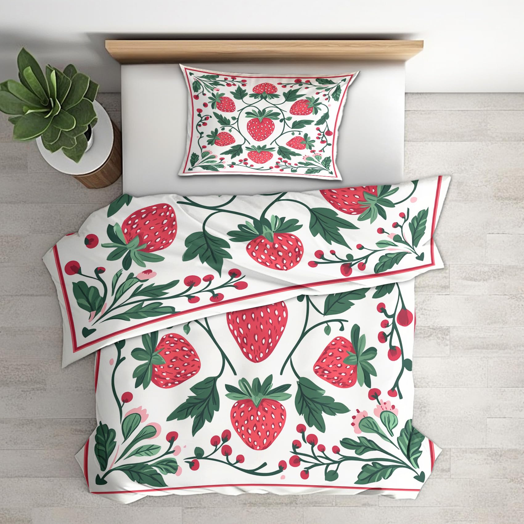 Housse de couette 200x200 fraise réversible en microfibre avec 2 taies d'oreiller