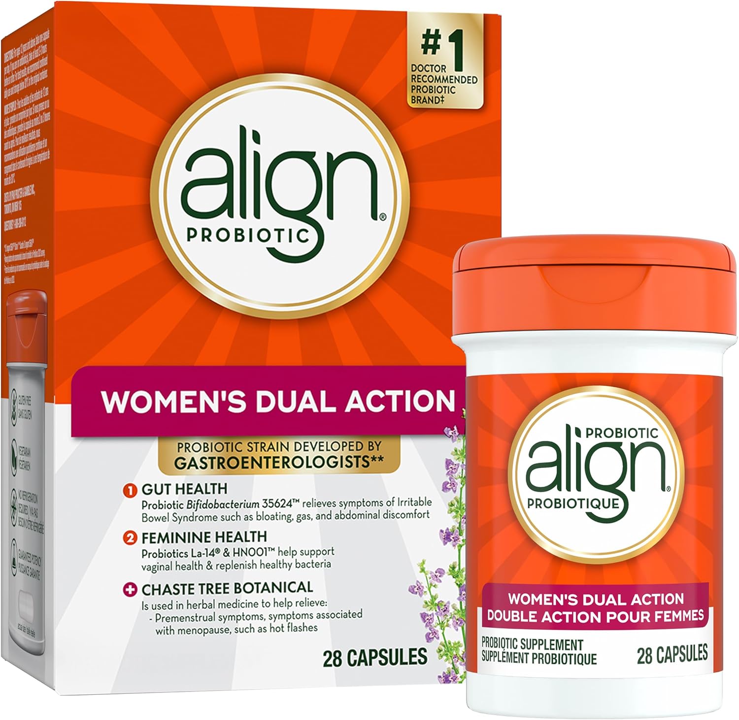 Align Probiotic, Women’s Dual Action, Multi-Strain Probiotic, with Chaste Tree, Soothes Occasional Abdominal Discomfort, Gas, Bloating, 28 Capsules