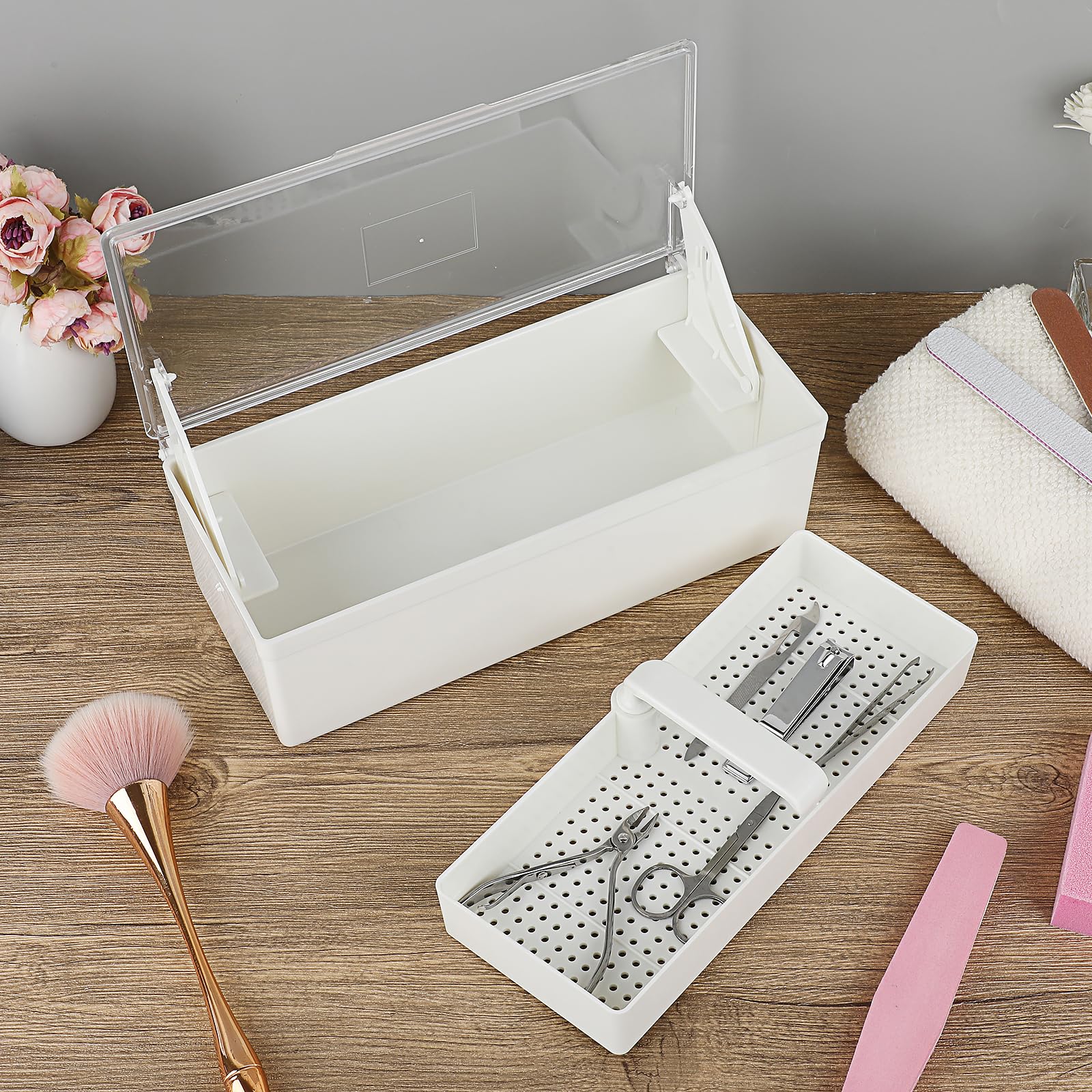 JUXYES Bandeja de esterilización de plástico para accesorios de arte de uñas, bandeja esterilizadora portátil con colador, caja de almacenamiento para pinzas, herramientas de manicura, herramienta de