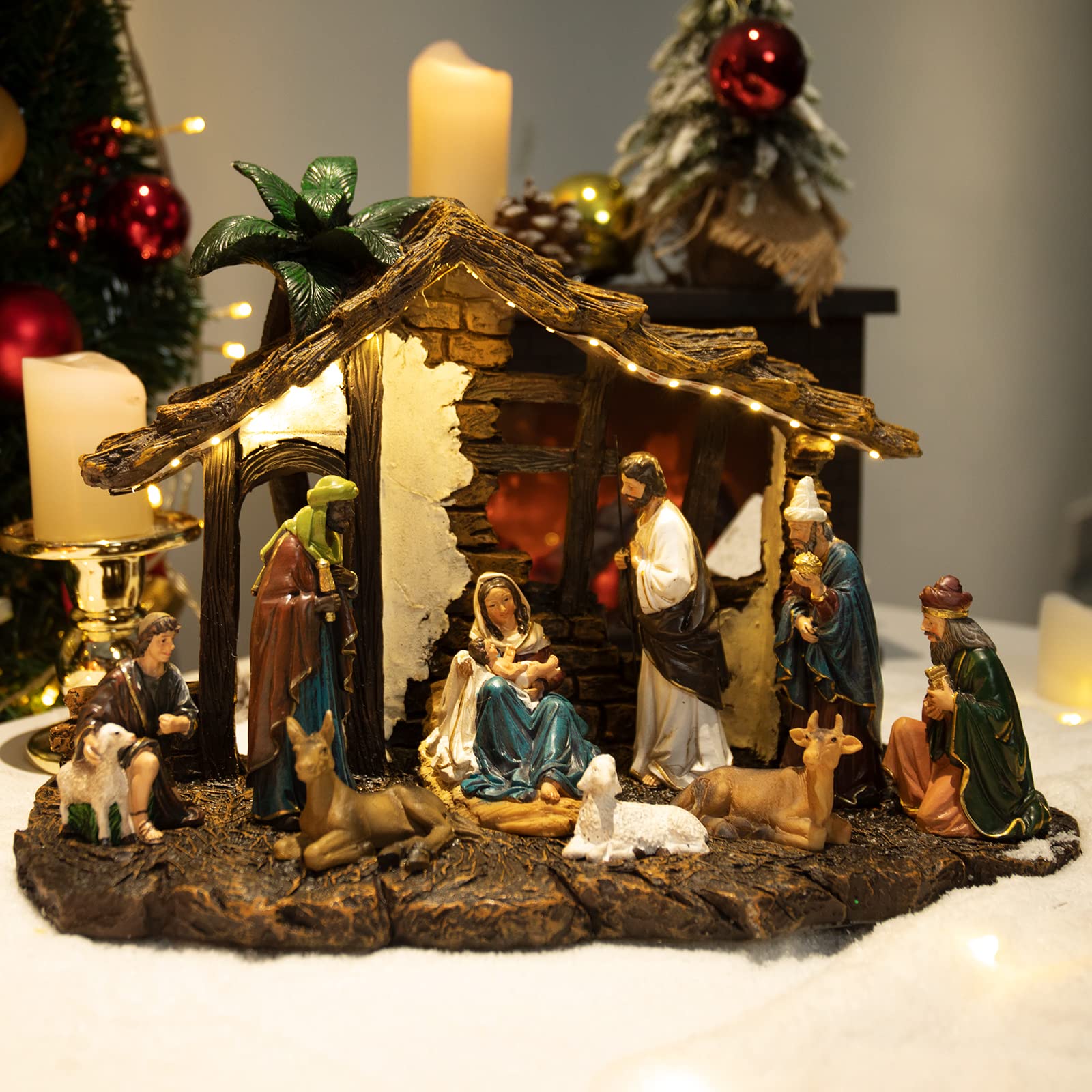 taman nativity scene for christmas indoor, resin figurines ornaments set with led light tabletop scenes xmas gifts collectibles for christmas holiday decorations
