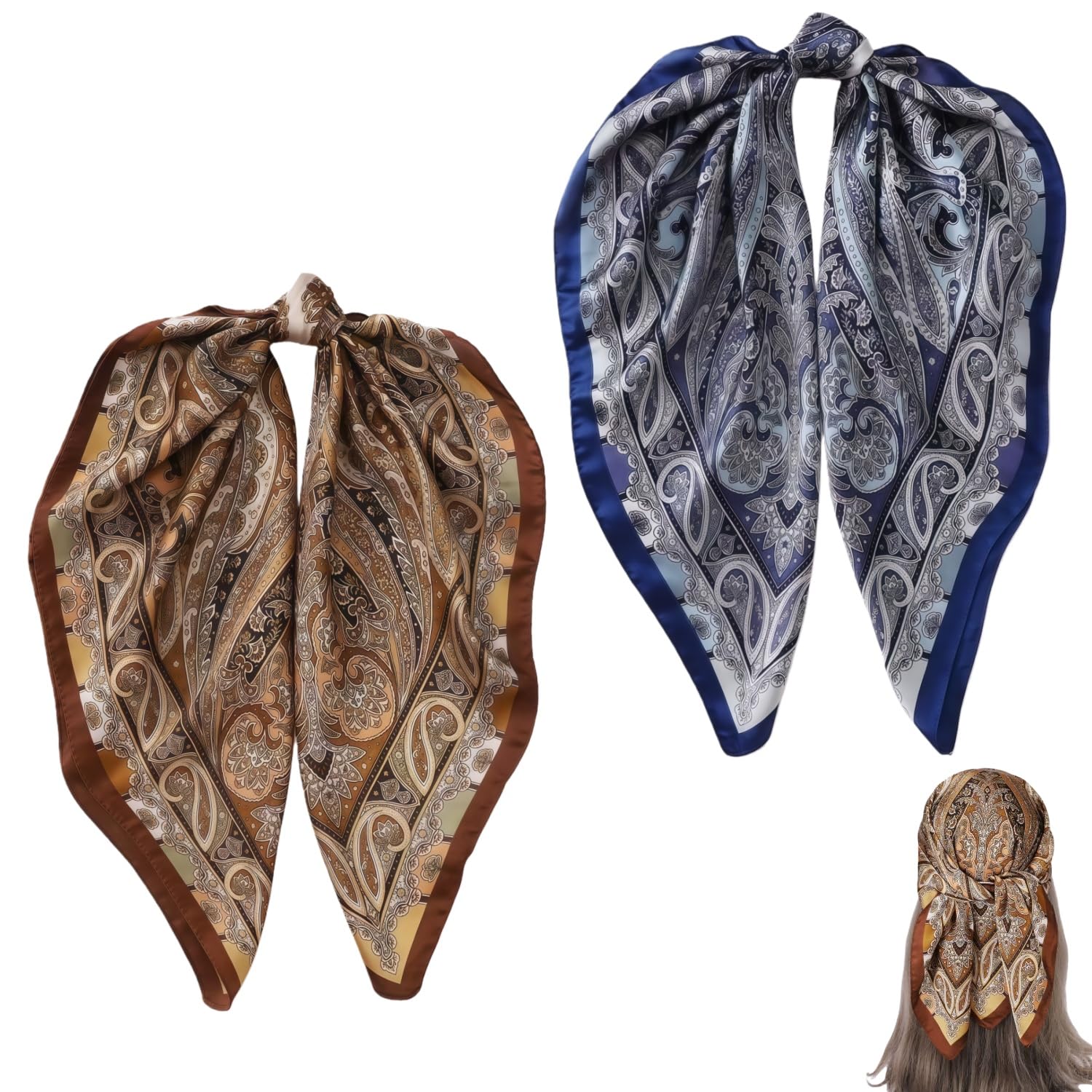 Zpeiran 2 Stück Satin Kopftuch Seidentuch Set im Quadrat (70x70 cm) | Elegantes Haartuch für Damen, Bandana, Halstuch Haarschal, Schlafhaube und Sommer Accessoire | Stilvolles Mehrfarbiges Damen Tuch