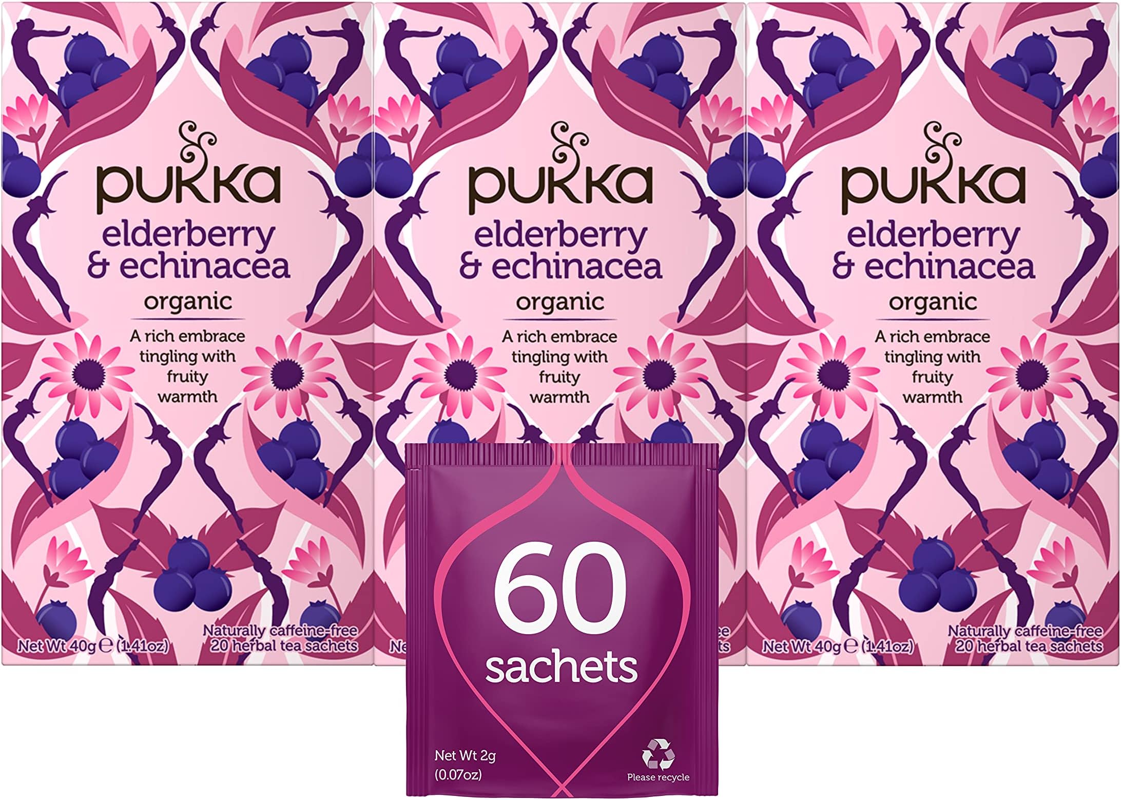 Organic Tea Bags, Elderberry & Echinacea Herbal Tea, Perfect for Wellness Support, 20 Count (Pack of 3) 60 Tea Bags