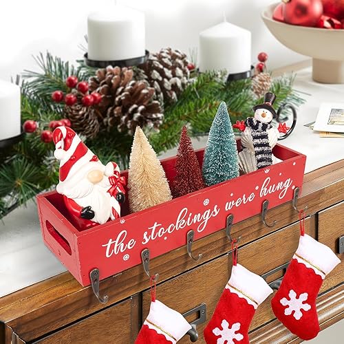 Miniatura 4 de Soporte para calcetines de Navidad de 15.7 pulgadas, caja de almacenamiento de madera con 6 ganchos para colgar, letrero de The Stockings were Hung,