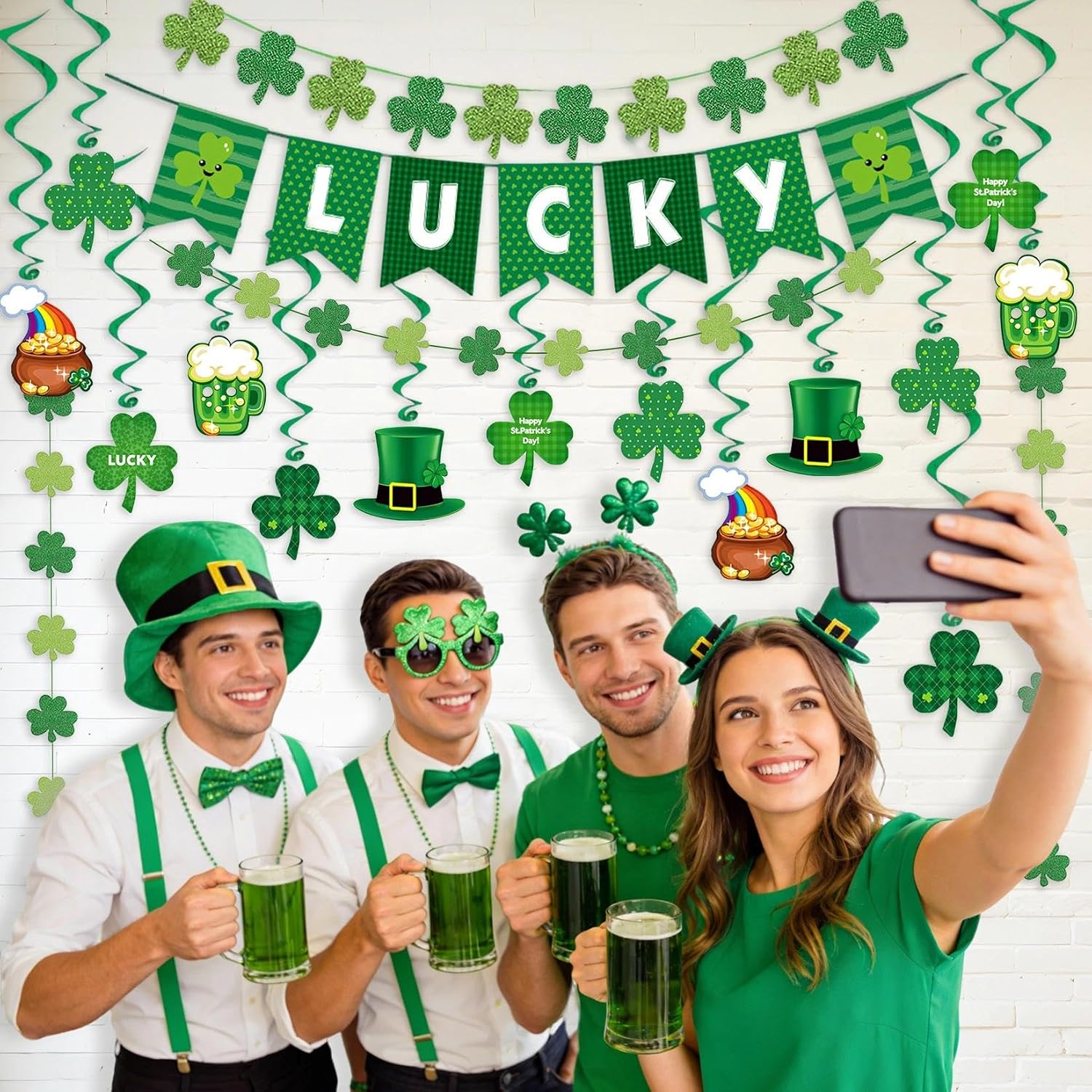 St. Patrick’s Day Party Decorations Kits, 19ct Set Irish Supplies Glitter Green Shamrock Garland with Banner Hanging Swirls image 3