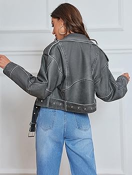 LY VAREY LIN Women Faux Leather Cropped Jacket Lapel Zipper
