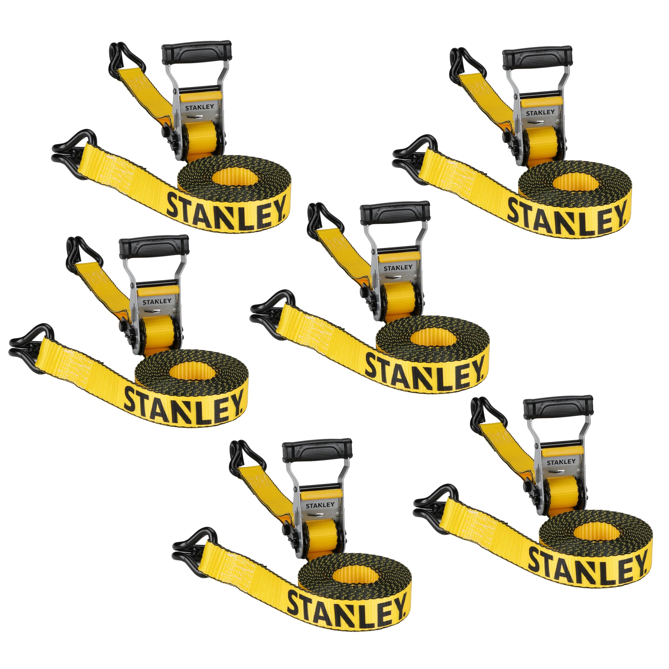 STANLEY S50002-3 Lot de 6 Sangles à cliquet Robustes de 3,8 cm x 4,9 m (résistance à la Rupture de 2,3 kg) Noir/Jaune