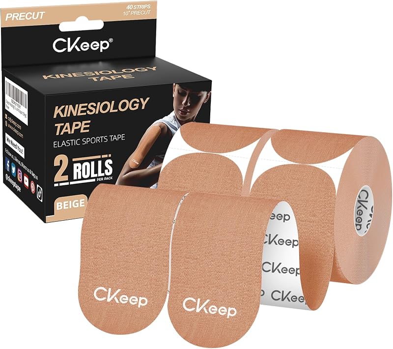 Cinta de kinesiología CKeep, 2 rollos de tiras elásticas precortadas de 2 pulgadas de ancho, beige | Cinta atlética transpirable hipoalergénica sin látex de algodón, cinta cinética adhesiva e impermeable para lesiones y esguinces de soporte de articulaciones